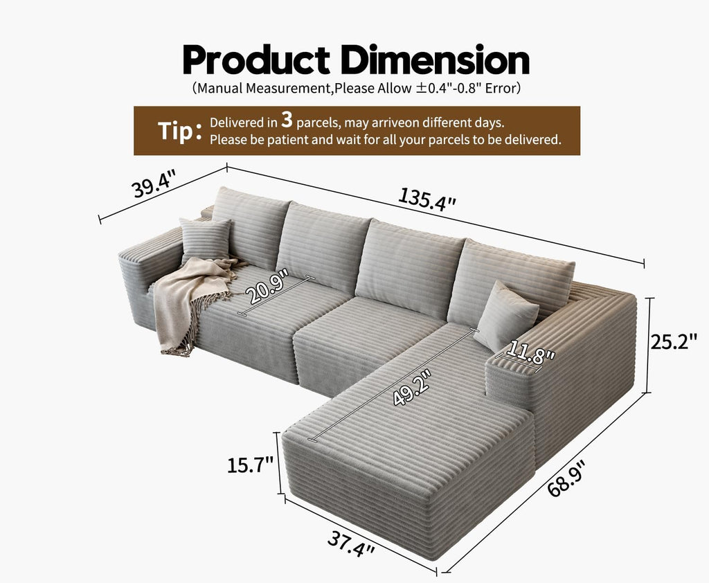 107.5" Cloud Modular Sectional Sofa Couch with L-Shape Chaise,Modern Minimalist Upholstered Couches for Living Room Bedroom,Deep Seat Corner Couch，No Assembly Required (Black,Left Facing Chaise)