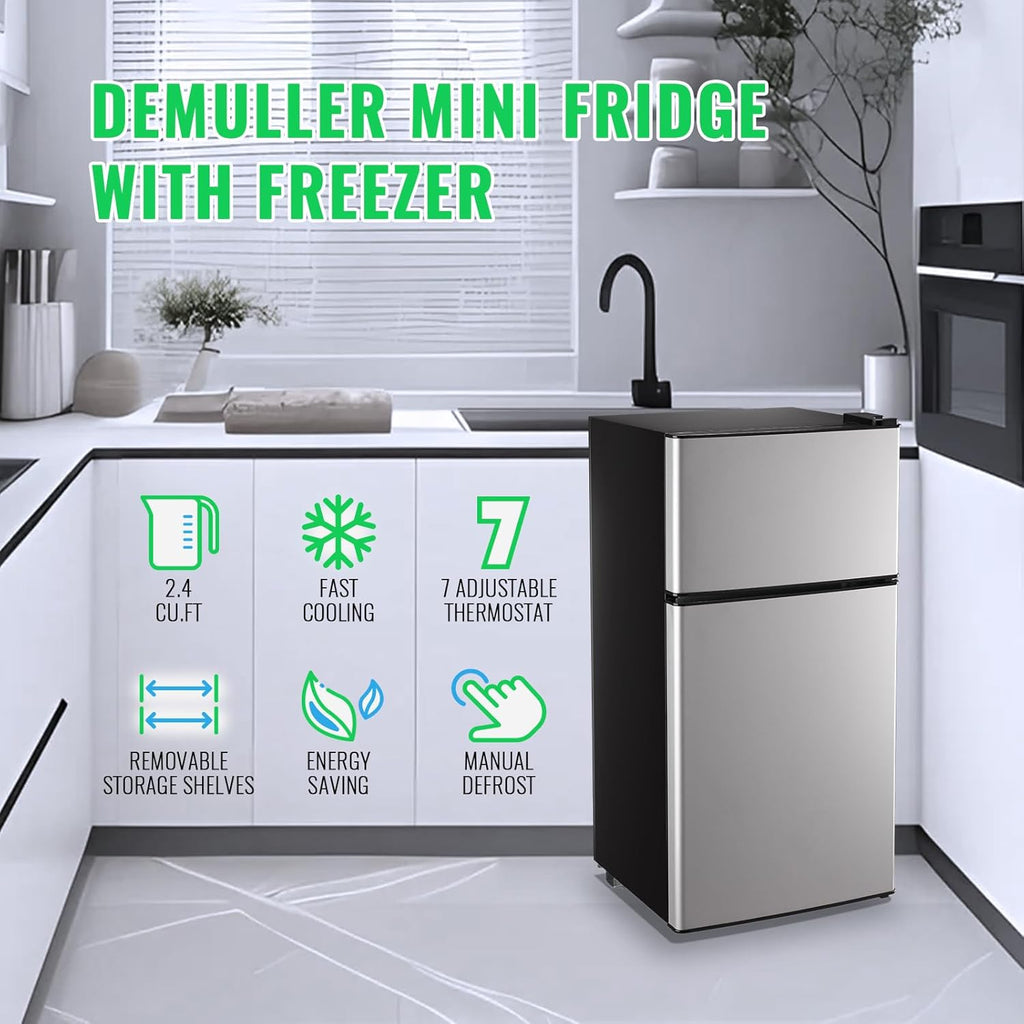 2.4 Cu.Ft Mini Fridge with Freezer & Double Door Small Tiny Size Refrigerator with 7 Temperature Control Knob Only Suitable for One Person Use Black