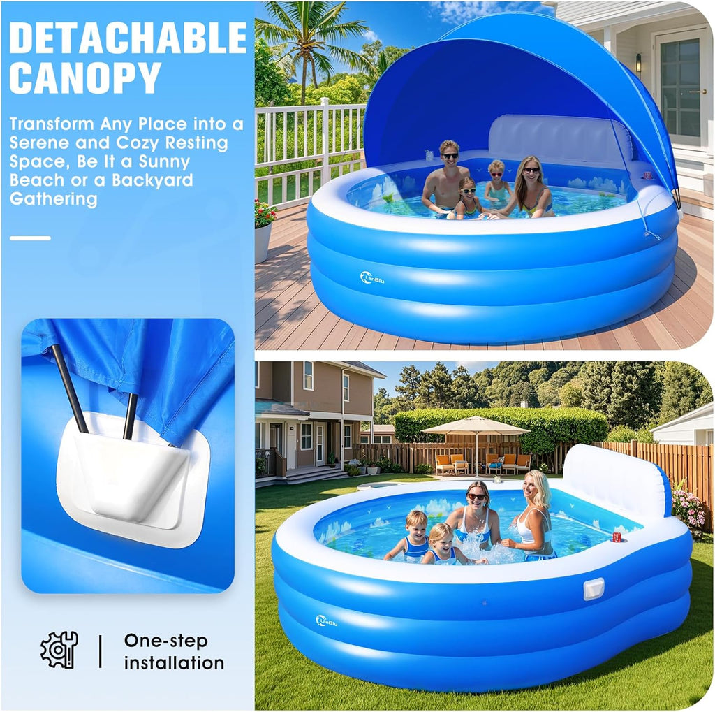 2025 Upgraded Inflatable Pool with Canopy, Inflatable Family Lounge Pool, Round Blow Up Pool for Adult with Bench & Backrest, Swim Center Easy Backyard Pools for Kids & Adults, 92"x92"x26", Blue