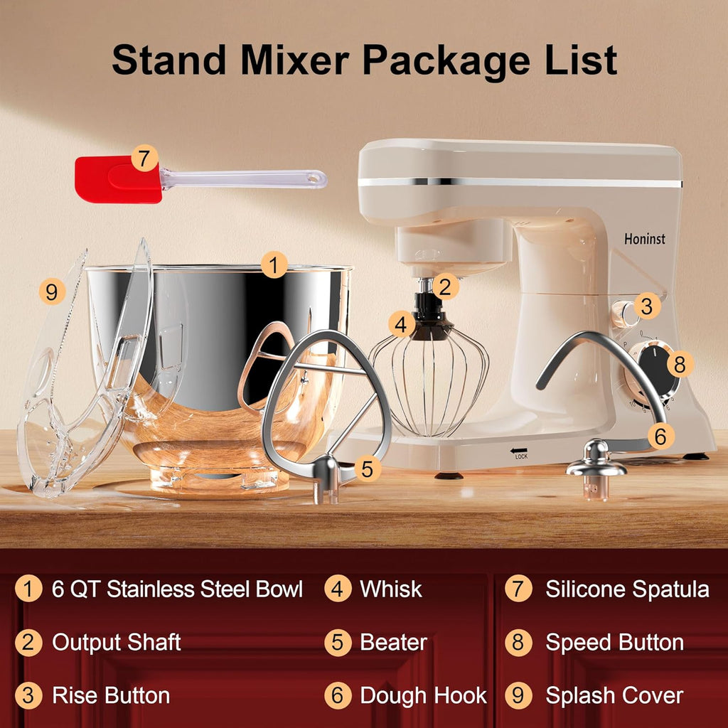10-Speed Stand Mixer with 8-in-1 Splash Guard, Tilt Head, 6-Quart Stainless Steel Bowl + Dishwasher-Safe Dough Hook/Whisk/Blender/Scraper
