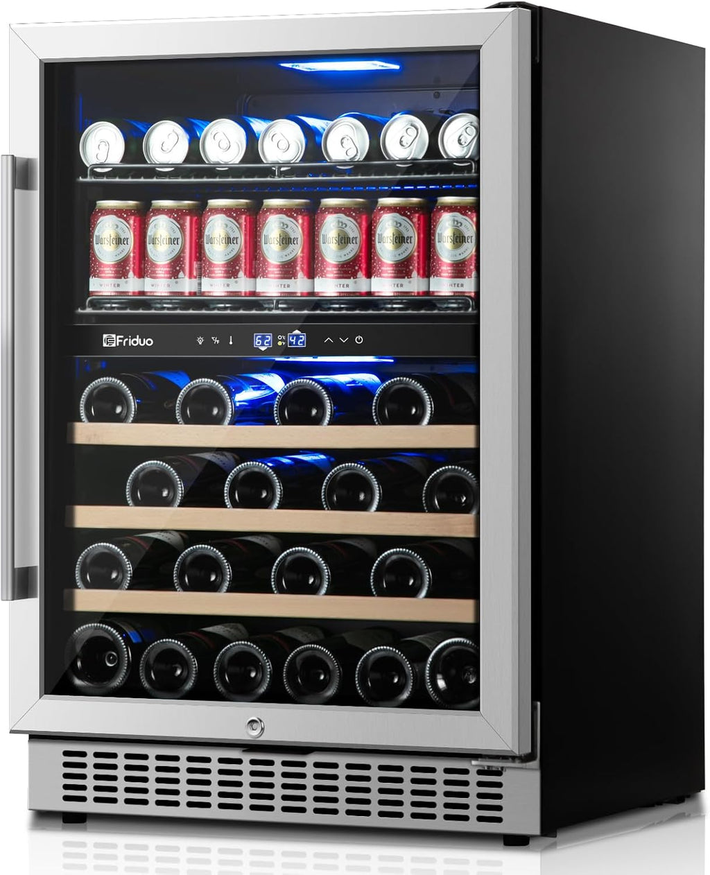 24 inch Dual Zone Beverage Refrigerator, 30 Bottles & 82 Cans Wine Fridge Built-in or Freestanding with Glass Door, Wine and Beverage Refrigerator Cooler for Kitchen Home Bar