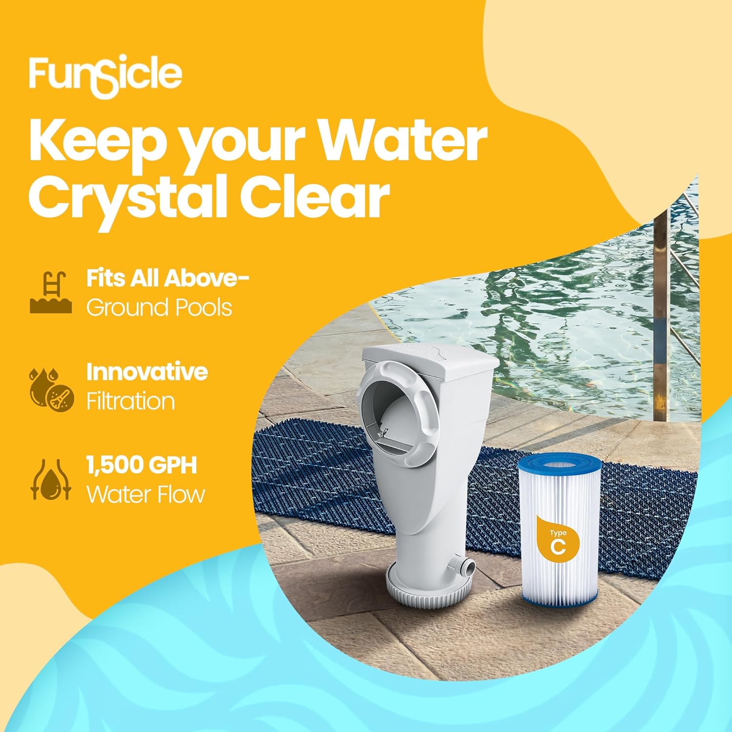 Funsicle SkimmerPlus 1500 Gallons Per Hour 2 in 1 Filter Pump and Skimmer System with Clamps and 1.5 Inch Hose Fitting for Above Ground Swimming Pools