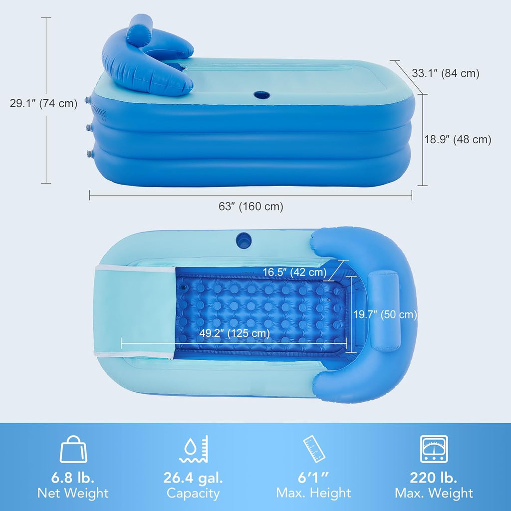 Inflatable Adult Bath Tub, Free-Standing Blow Up Bathtub with Foldable Portable Feature for Adult Spa with Electric Air Pump (High-Density PVC)
