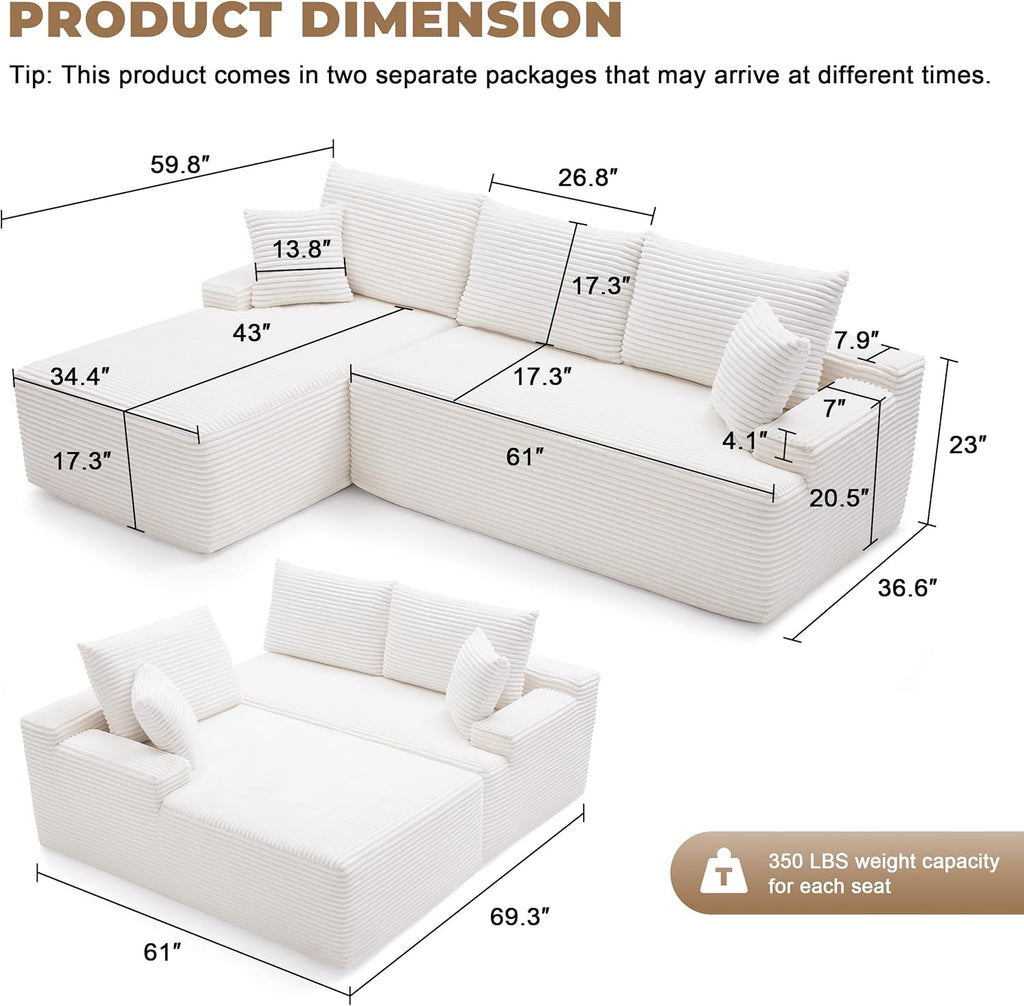 110 Cloud Sectional Couch, Boneless Sofa for Living Room Modular Sectional Sofa with Deep Seat