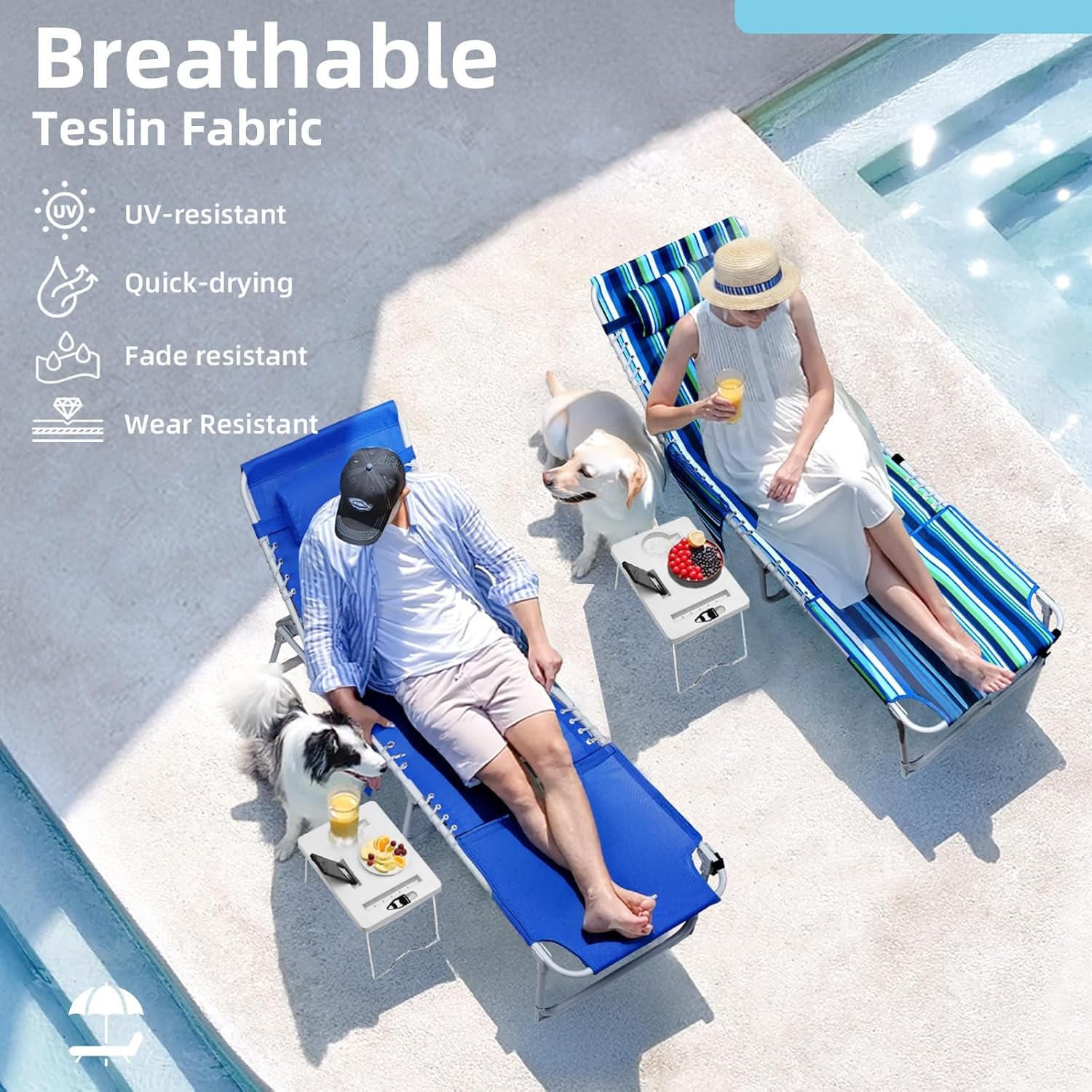 3-in-1 Outdoor Sun Tanning Lounge Chair with Face Hole 5-Position Recliner, Folding Side Table & Removable Pillow, 330lbs Capacity, Blue