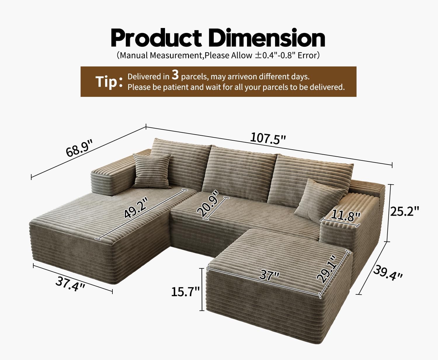 107.5" Cloud Modular Sectional Sofa Couch with L-Shape Chaise,Modern Minimalist Upholstered Couches for Living Room Bedroom,Deep Seat Corner Couch，No Assembly Required (Black,Left Facing Chaise)