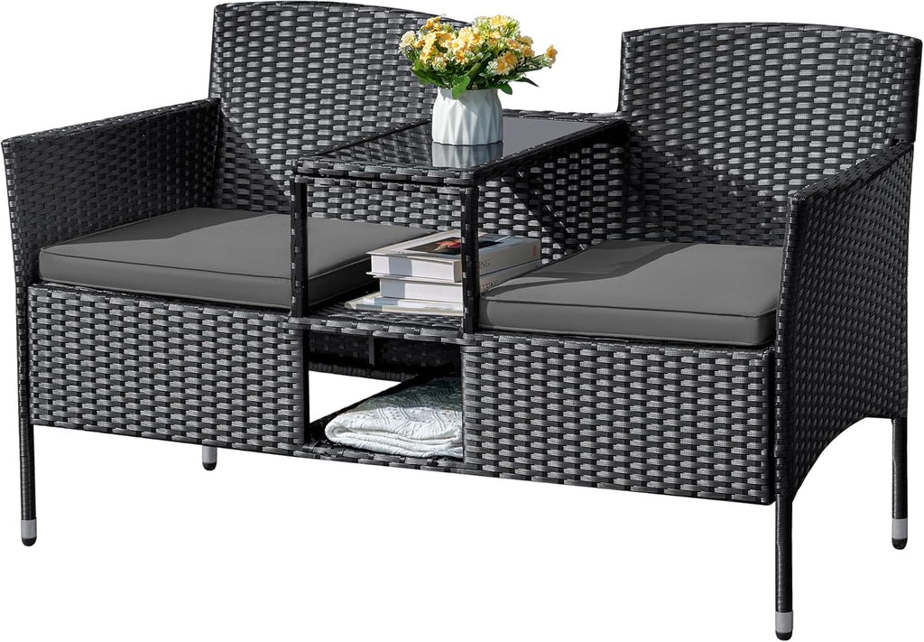 Flamaker Outdoor Furniture Patio Loveseat Wicker 2-Seat with Built-in Table and Cushions Rattan Porch Chairs Bench for Balcony, Lawn, Backyard (Beige)