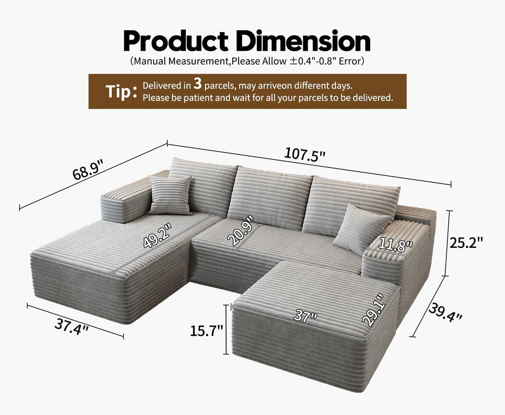 107.5" Cloud Modular Sectional Sofa Couch with L-Shape Chaise,Modern Minimalist Upholstered Couches for Living Room Bedroom,Deep Seat Corner Couch，No Assembly Required (Black,Left Facing Chaise)