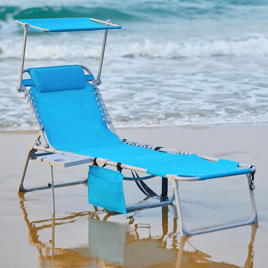 2 Pack Outdoor Chaise Lounge Chair - Portable Folding Patio Pool Lounge Chair, 5 Positions Adjustable Reclining Camping Chair with Side Table,Shoulder Strap, Pillow for Beach Sunbathing Lawn