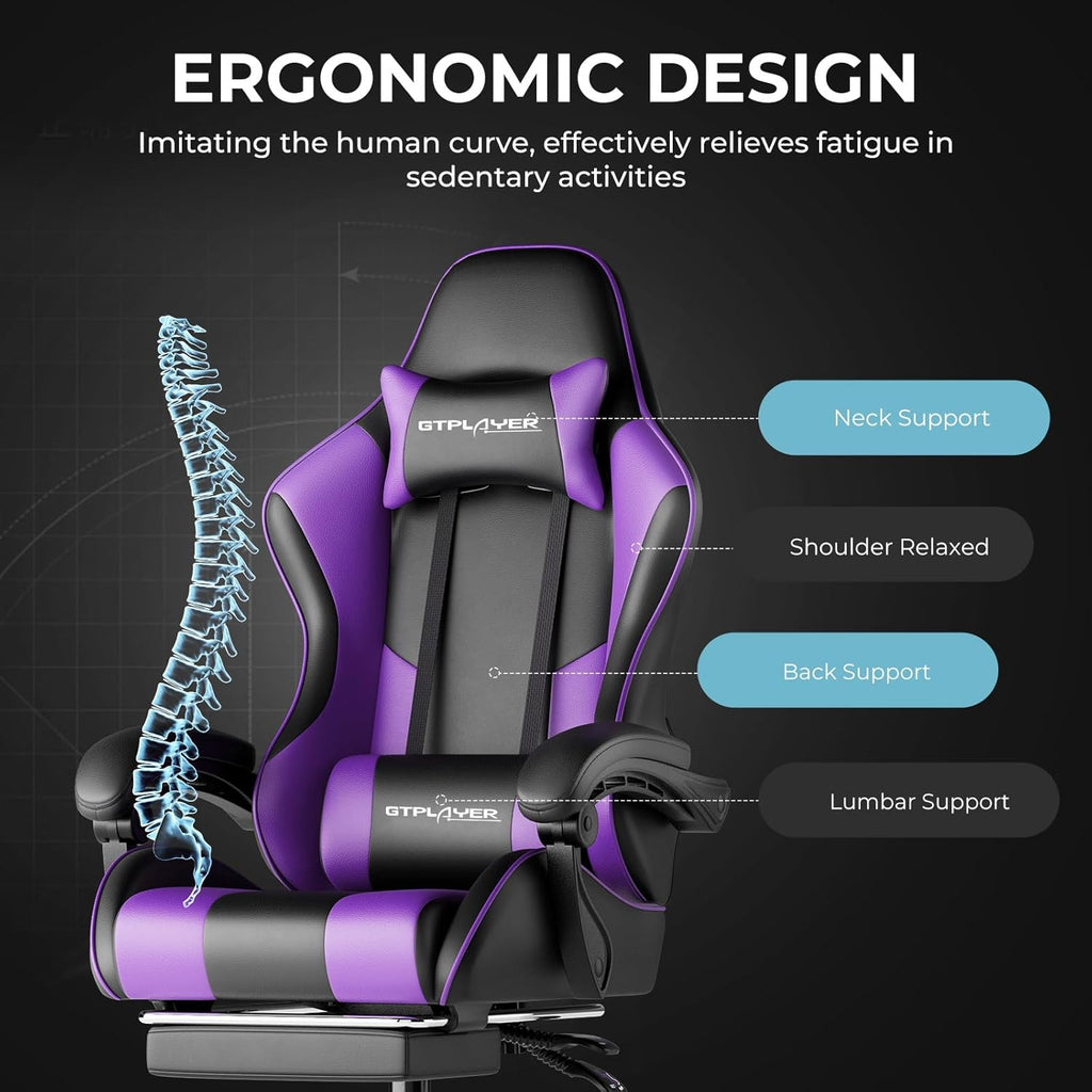GTPLAYER Gaming Chair with Footrest and Lumbar Support Ergonomic Computer Chair with Headrest, 360掳 Swivel, Height Adjustable, White