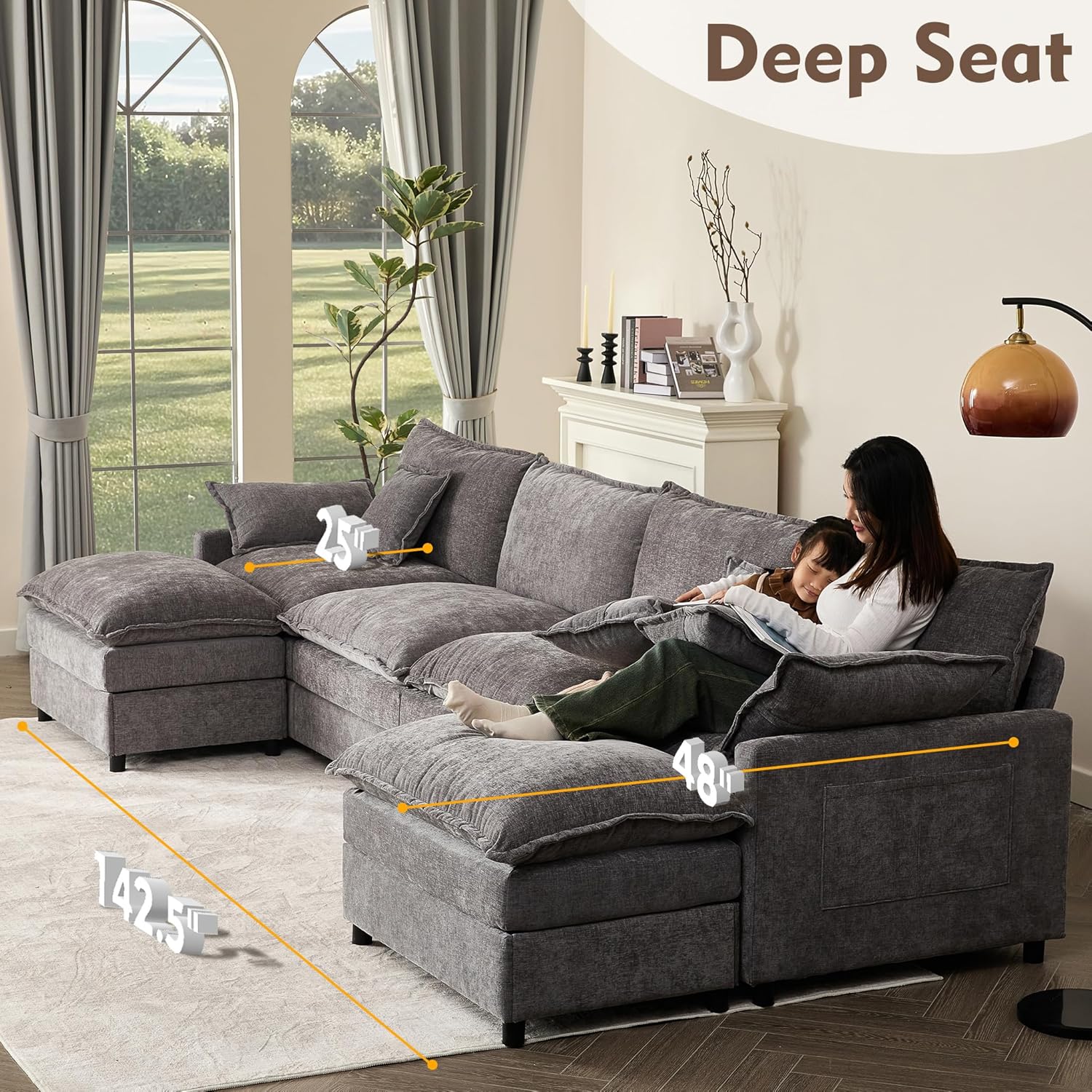 108" U Shaped Couch, Modular Sectional Sofa, 3-Seater Comfy Cloud Couch with Movable Ottoman, Deep Seat Couches for Living Room, Linen, Beige