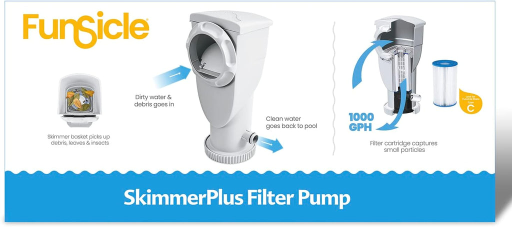 Funsicle SkimmerPlus 1500 Gallons Per Hour 2 in 1 Filter Pump and Skimmer System with Clamps and 1.5 Inch Hose Fitting for Above Ground Swimming Pools