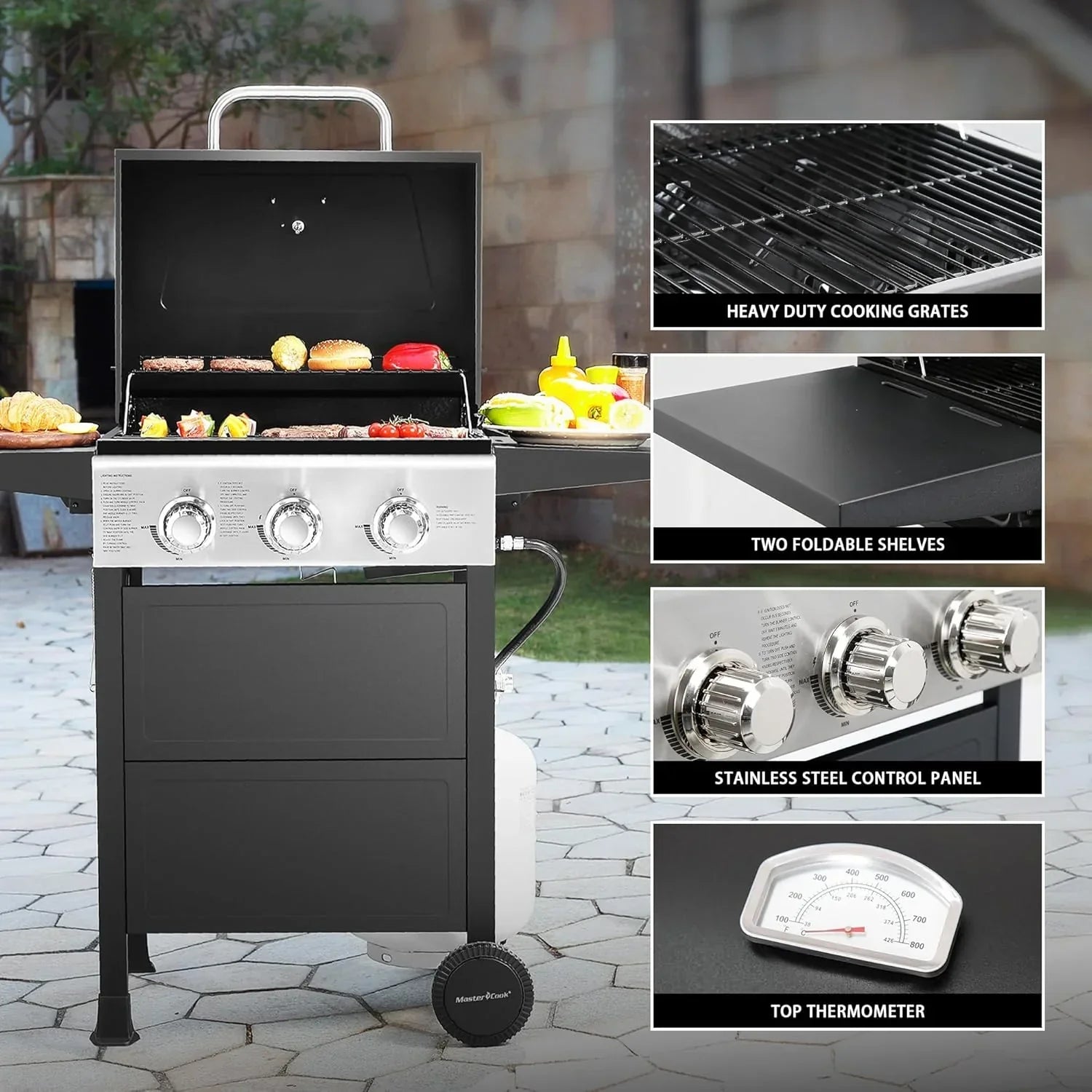 3 Burner BBQ Propane Gas Grill Stainless Steel 30,000 BTU Patio Garden Barbecue Grill