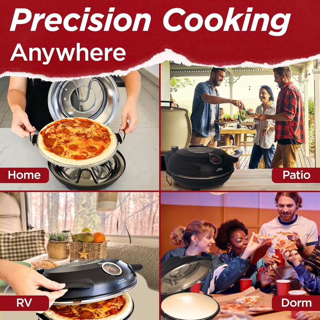 Electric Pizza Oven with Ceramic Stone, Viewing Window, Adjustable Heat Control, Timer and 1200W Baking Power, DIY Homemade Pizzeria, Large 12 Pie Capacity (Black)