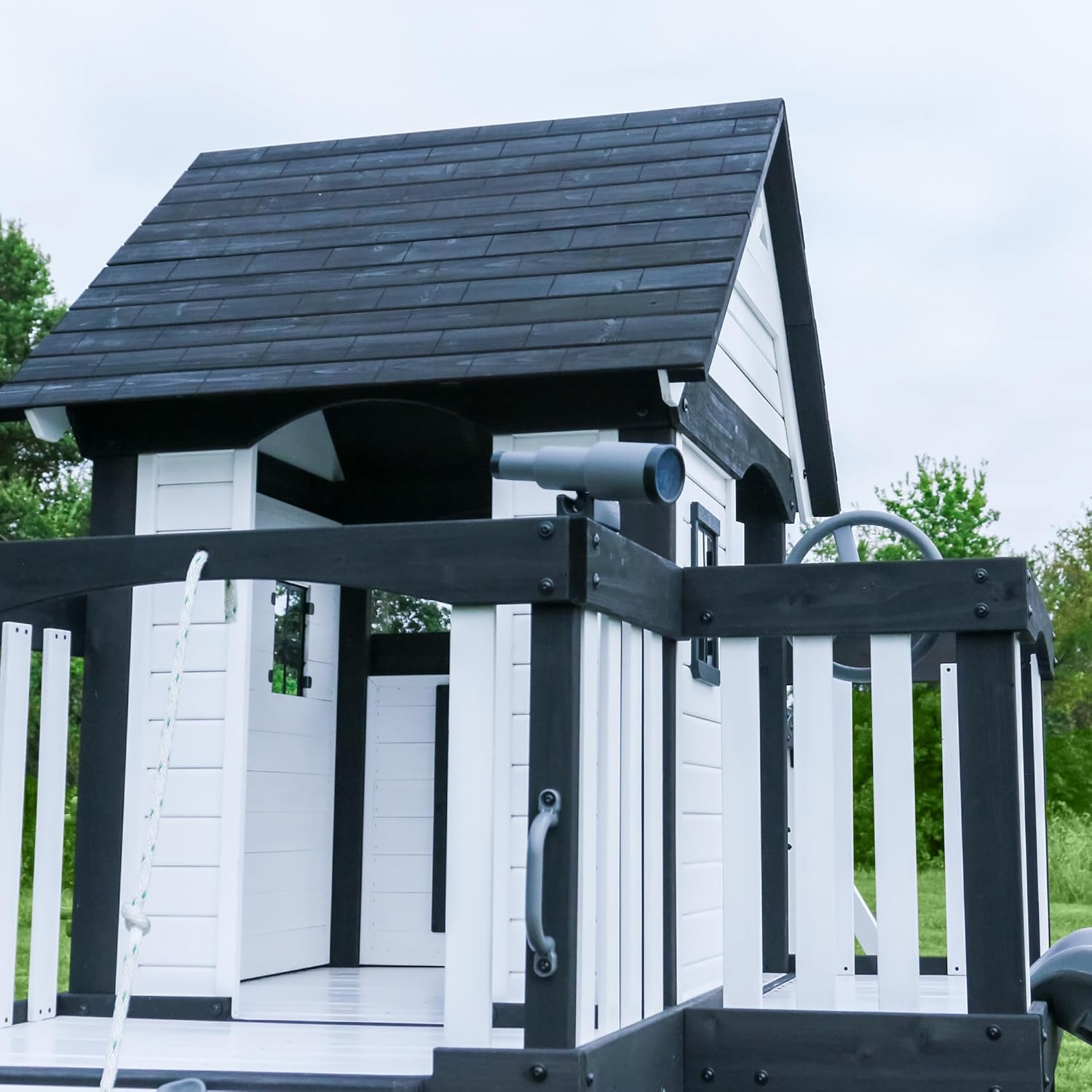 Backyard Discovery Canyon Creek Cedar Wood Swing Set with Wave Slide, Clubhouse, Play Kitchen, Picnic Area, Belt Swings, Web Swing, Rock Wall, Balconies, Playhouse, Step Ladder, Outdoor Playset