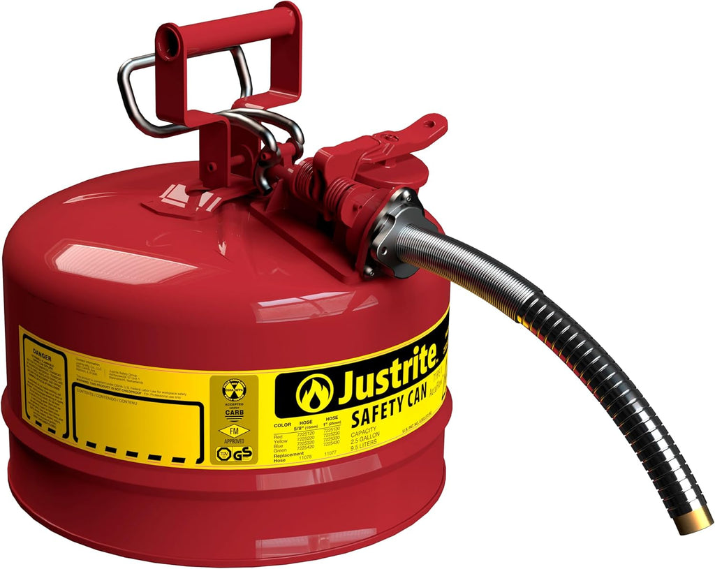 Justrite 5-Gallon Type II Red Safety Gas Can OSHA-Approved Steel Fuel Container with Flame Arrester, Self-Closing Lid & 1" Flexible Spout (7250130)