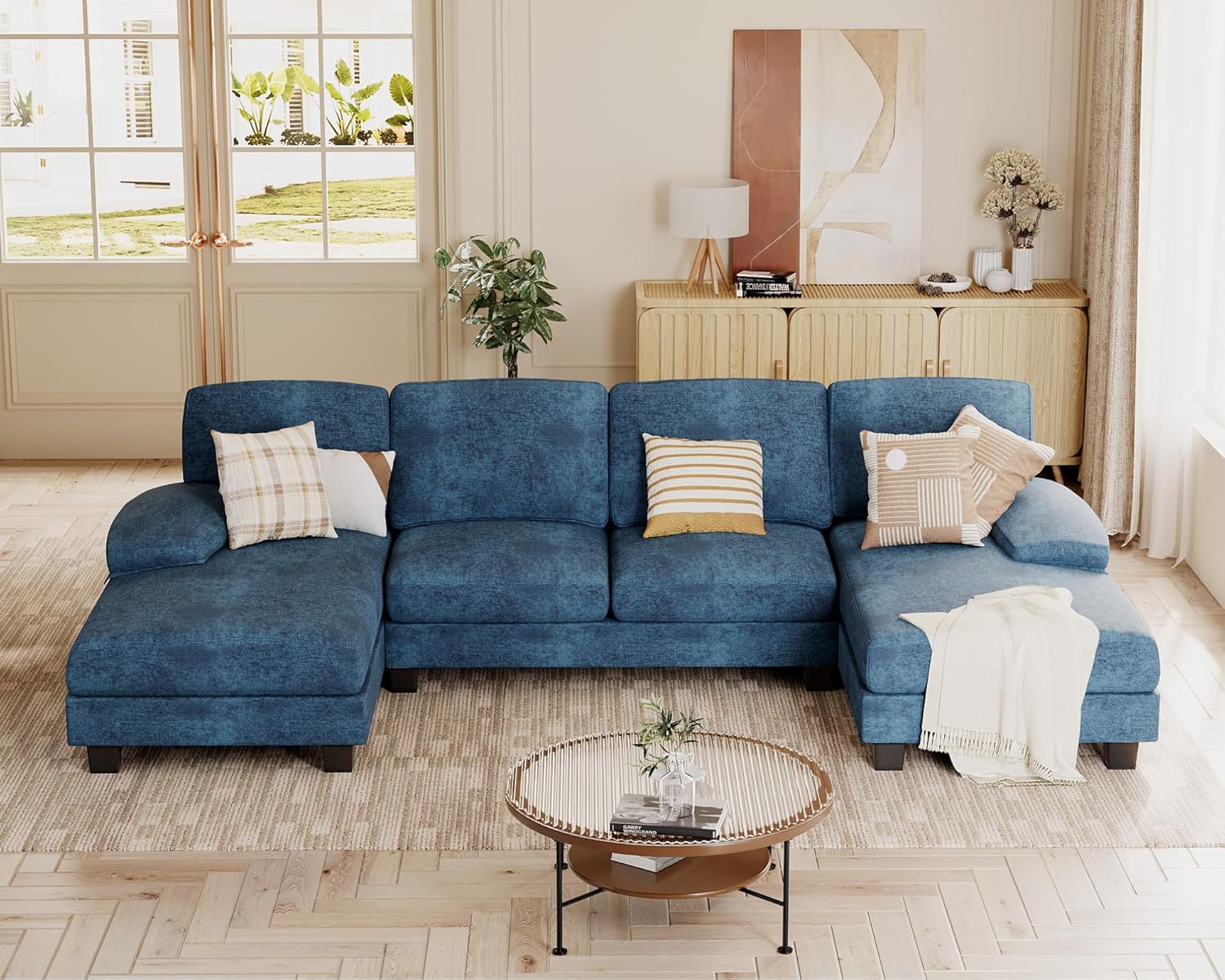 JUMMICO Sectional Couches for Living Room, U Shaped Couch with Chenille Fabric, 4 Seat Modern Sofa with Removable Pillows for Apartment and Small Space (Fabric, Grey)