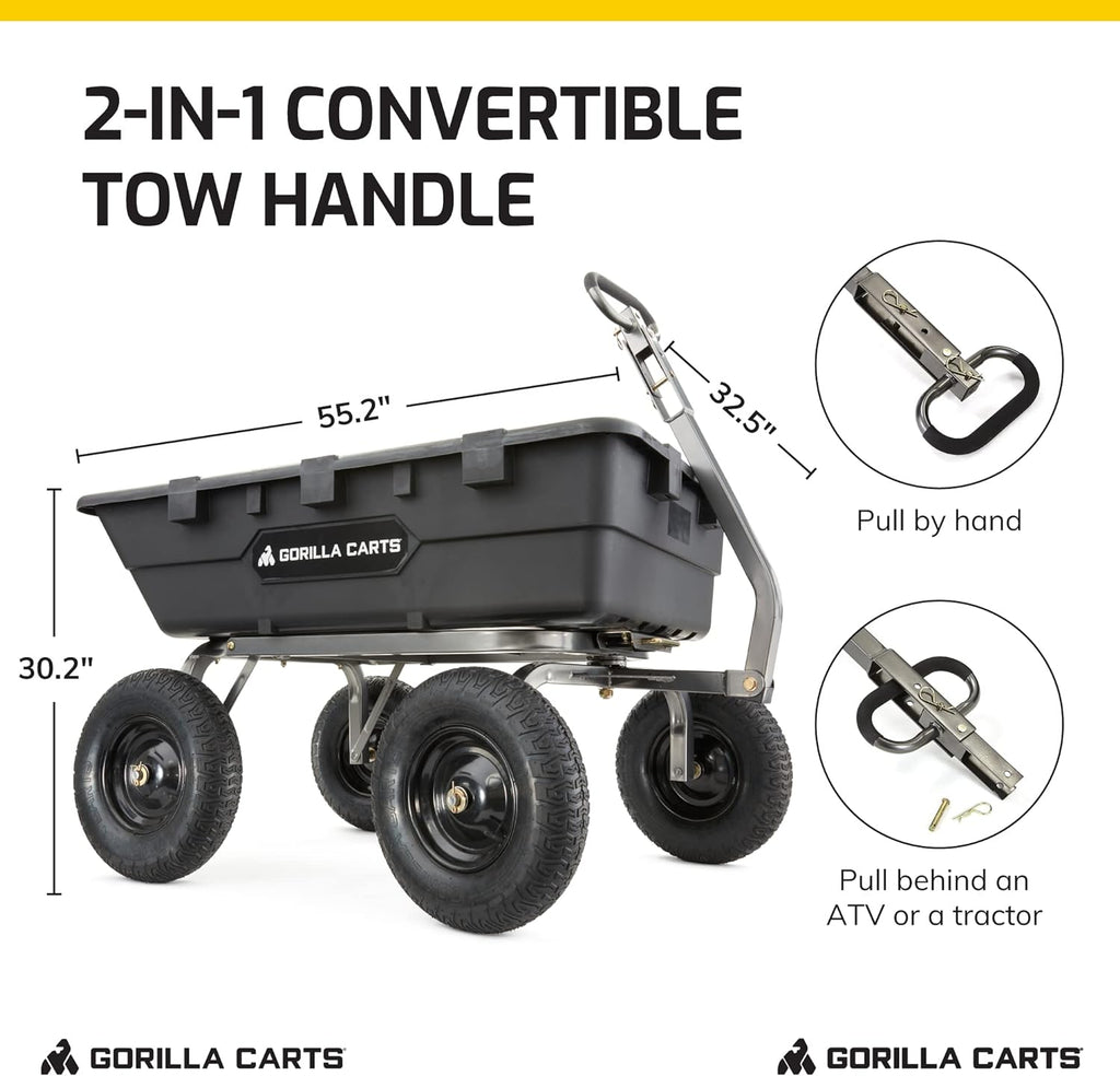 Heavy Duty Poly Utility Dump Wagon Garden Cart w/Pneumatic Tires, 6 Cu Ft - 1200 lb Capacity Outdoor Wheelbarrow for Yard, Landscaping & Gardening, Lawn Tractor or ATV Towable-Gorilla Carts