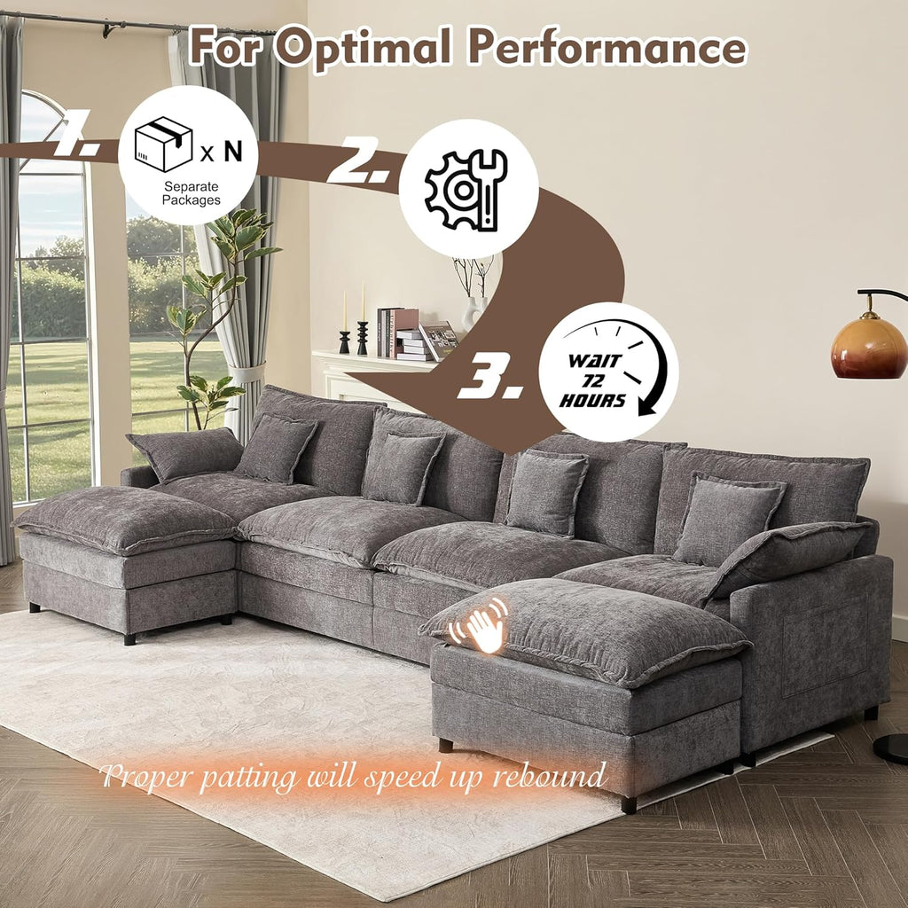 108" U Shaped Couch, Modular Sectional Sofa, 3-Seater Comfy Cloud Couch with Movable Ottoman, Deep Seat Couches for Living Room, Chenille, Slate