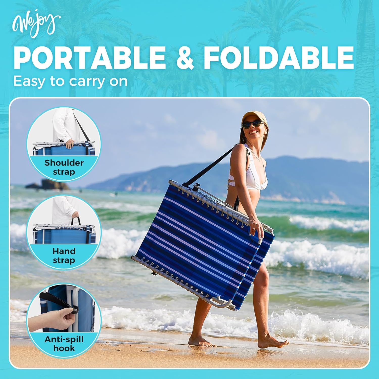 2 Pack Outdoor Chaise Lounge Chair - Portable Folding Patio Pool Lounge Chair, 5 Positions Adjustable Reclining Camping Chair with Side Table,Shoulder Strap, Pillow for Beach Sunbathing Lawn