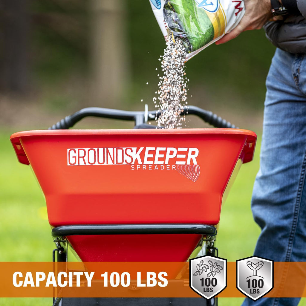Buyers Products 3039632R Grounds Keeper Commercial Walk Behind Push Spreader, 100lb Capacity, For Salt, Ice & Snow Melt, Included Grate & Cover With Enclosed Gearbox for Protection