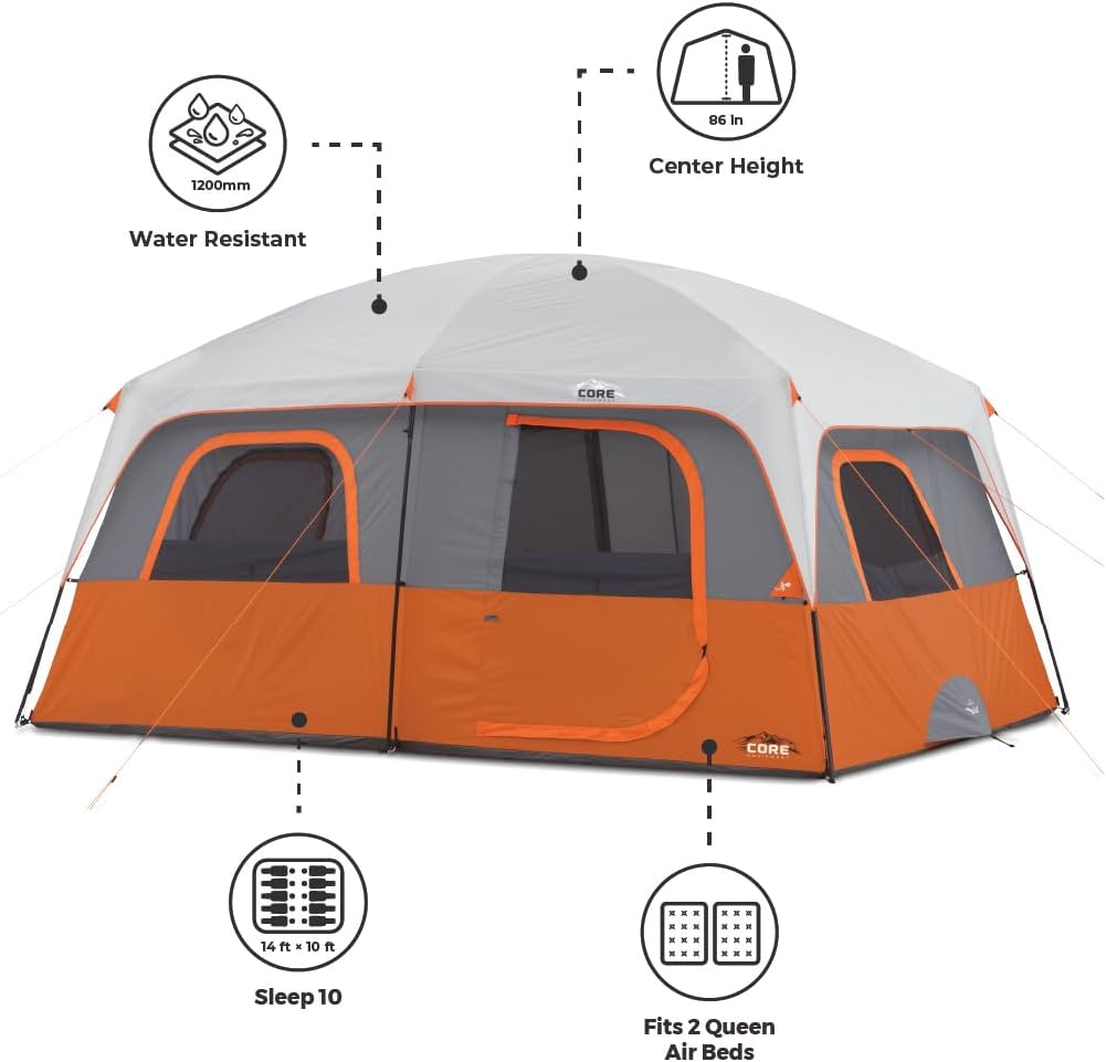 CORE Straight Wall Cabin Tents | 10 Person / 11 Person / 12 Person Large Multi Room Family Tents for Car Camping & Outdoor Adventures