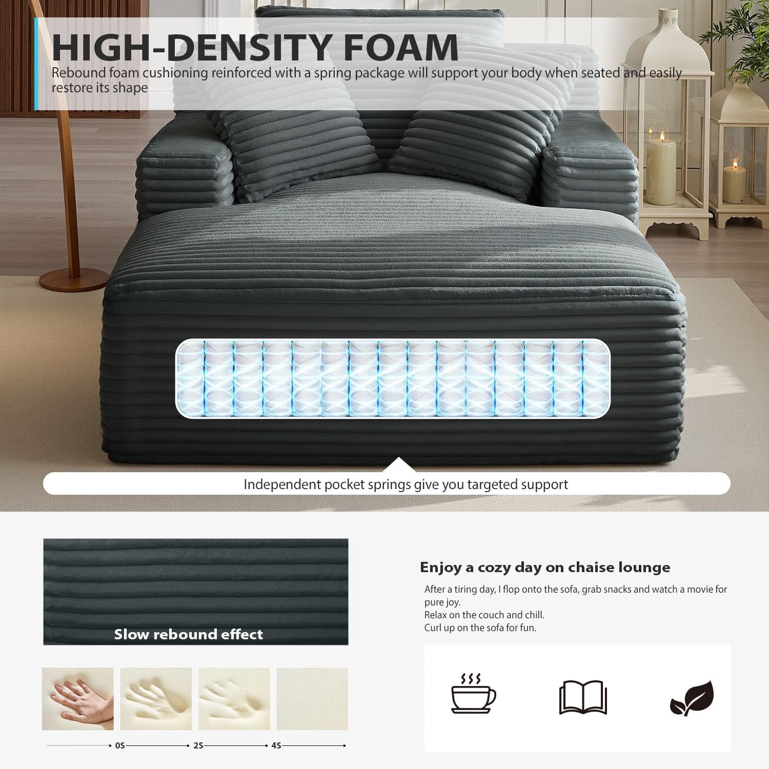 50 Inch Chaise Lounge Chair Indoor, Oversized Corduroy Upholstered Boneless Sofa Bed, Deep Seat Sleeper Couch Reading Chairs, Cloud Sofas Couches for Living Room, No Assembly Required (Dark Grey)