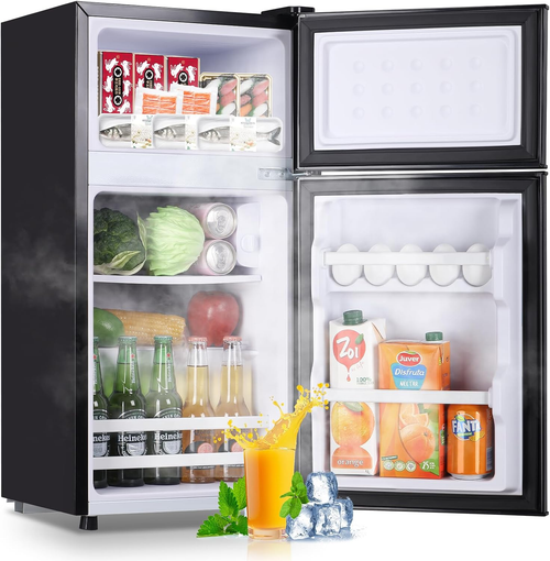 2.4 Cu.Ft Mini Fridge with Freezer & Double Door Small Tiny Size Refrigerator with 7 Temperature Control Knob Only Suitable for One Person Use Black