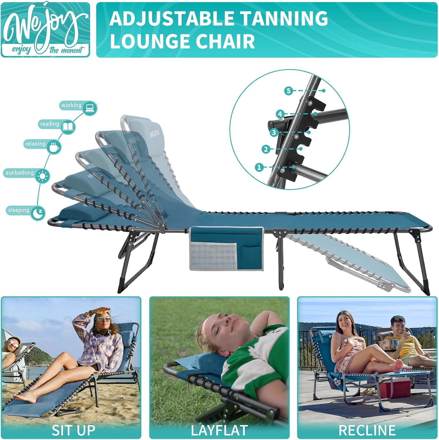 2 Pack Outdoor Chaise Lounge Chair - Portable Folding Patio Pool Lounge Chair, 5 Positions Adjustable Reclining Camping Chair with Side Table,Shoulder Strap, Pillow for Beach Sunbathing Lawn