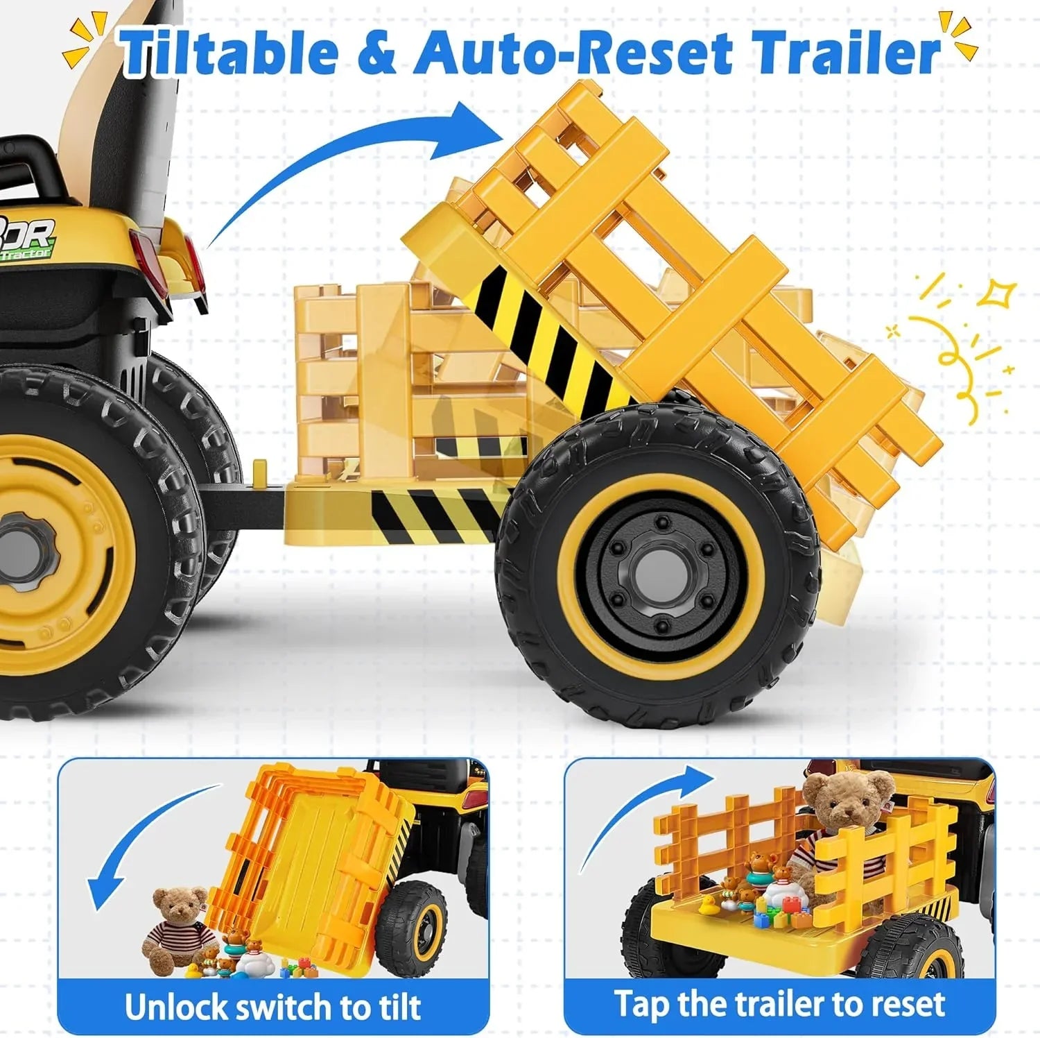 24V Ride On Tractor Tiltable Detachable Trailer 2x65W Motors EVA Tires Remote Control