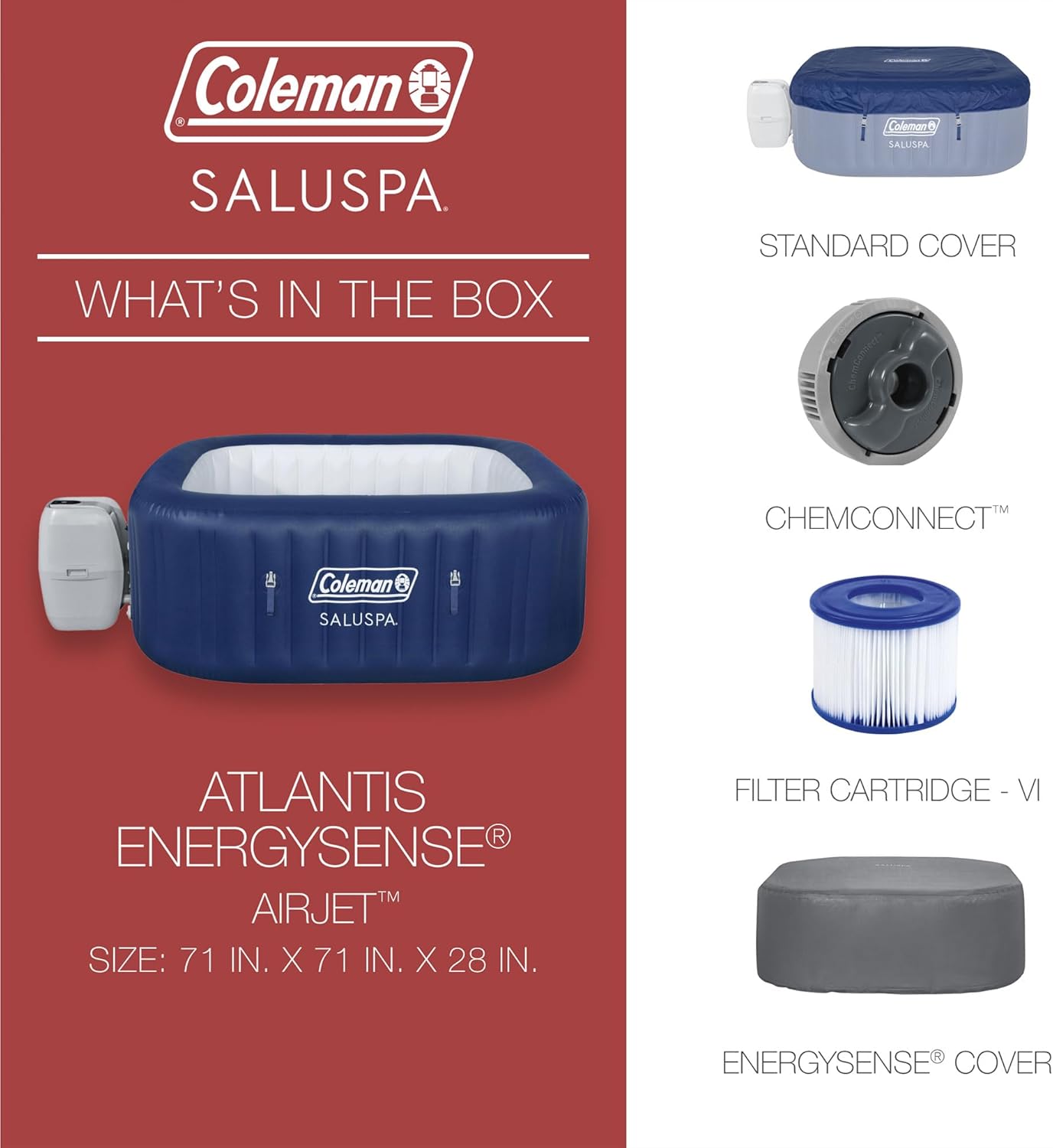 4 to 6 Person Inflatable Hot Tub Square Portable Outdoor Spa with 114 Soothing AirJets and Insulated Cover, Gray-Coleman