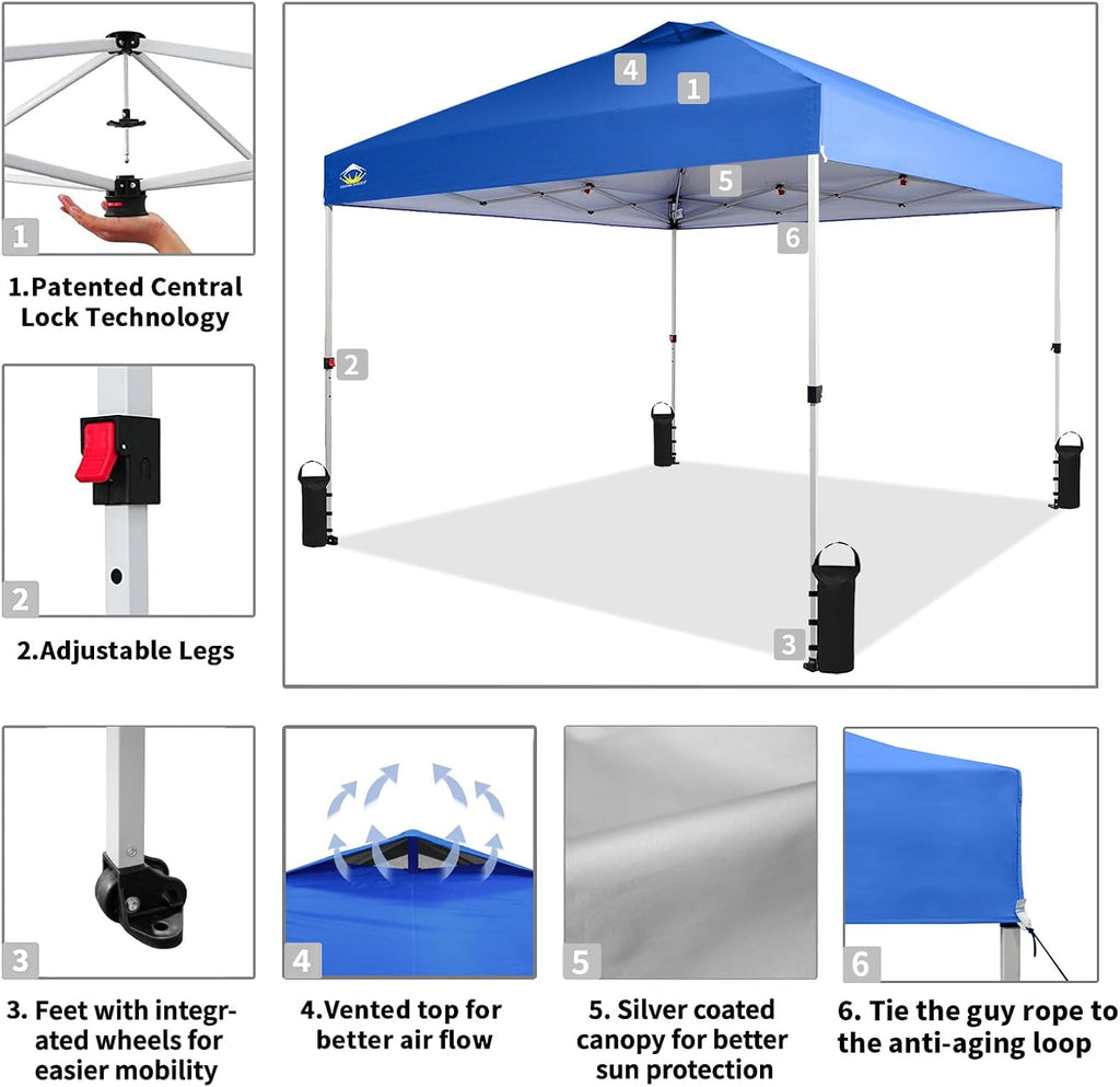 10x10 Pop-Up Awning - One-Click Installation Beach Tent - Outdoor Sunshade Silver Coated Top, 3 Heights and 4 Sand Pockets