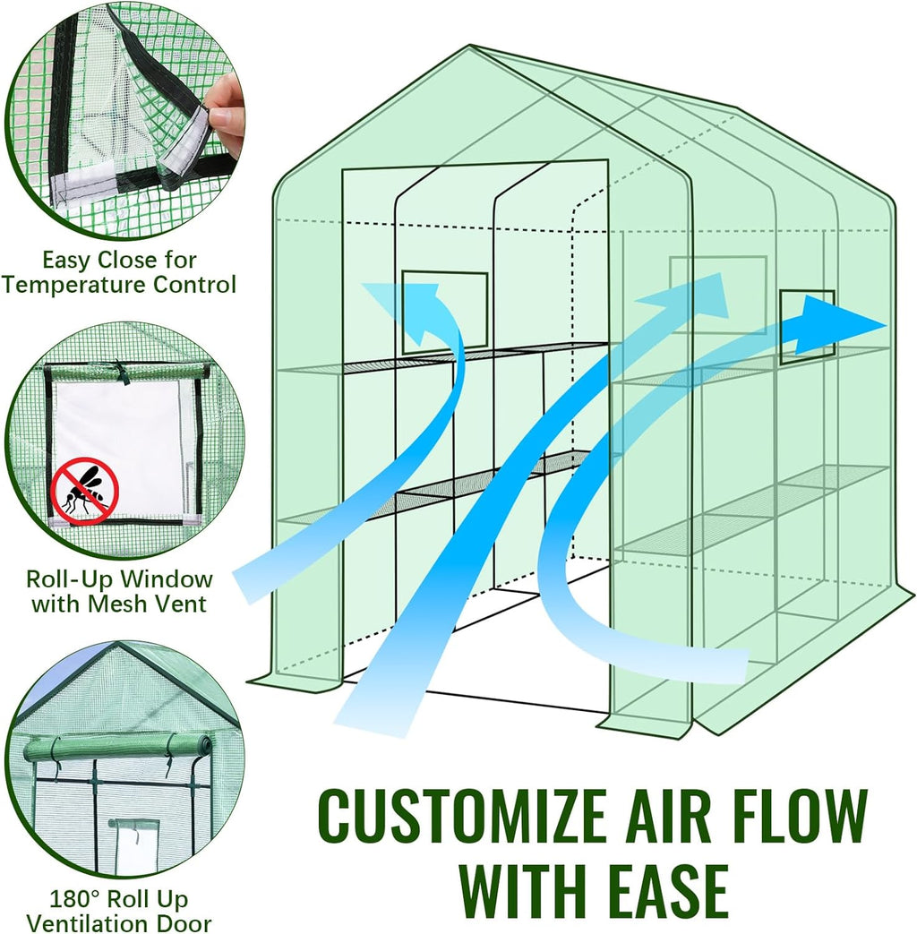 Greenhouse, 57 x 85 x 76'' Greenhouses for Outdoors, Portable Greenhouse Kit with Mesh Side Windows, PE Cover, 8 Shelves, Heavy Duty Walk in Green House for Backyard Garden Indoor Outside