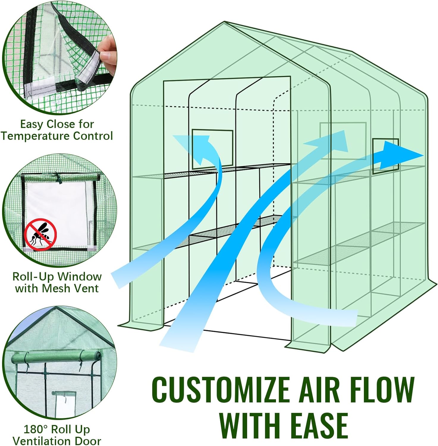 Greenhouse, 57 x 85 x 76'' Greenhouses for Outdoors, Portable Greenhouse Kit with Mesh Side Windows, PE Cover, 8 Shelves, Heavy Duty Walk in Green House for Backyard Garden Indoor Outside