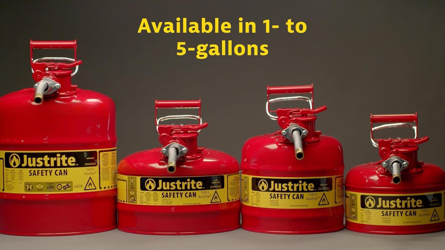 Justrite 5-Gallon Type II Red Safety Gas Can OSHA-Approved Steel Fuel Container with Flame Arrester, Self-Closing Lid & 1" Flexible Spout (7250130)