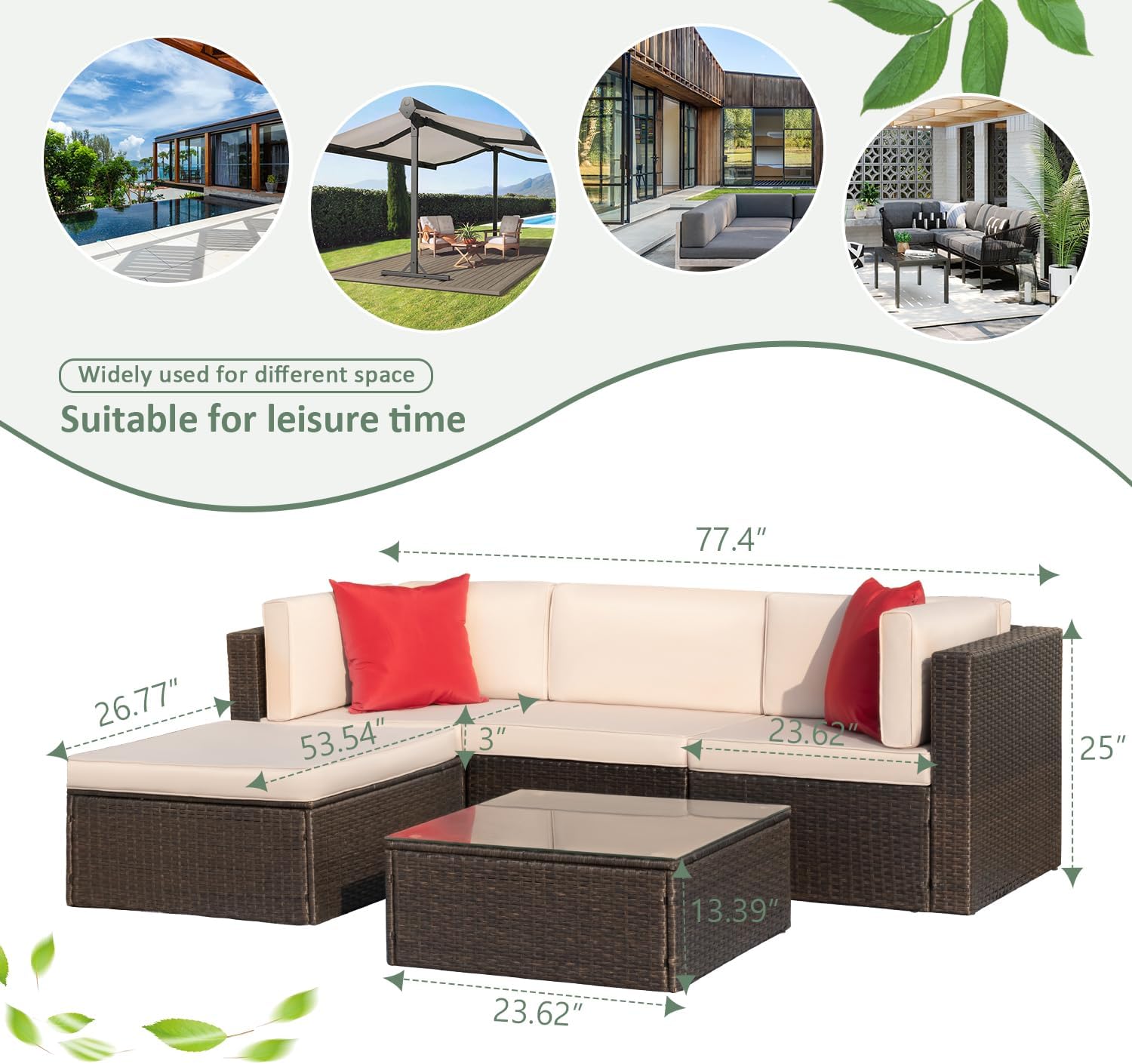Devoko 5 Pieces Patio Furniture Sets All Weather Outdoor Sectional Patio Sofa Manual Weaving Wicker Rattan Patio Seating Sofas with Cushion and Glass Table(Beige)