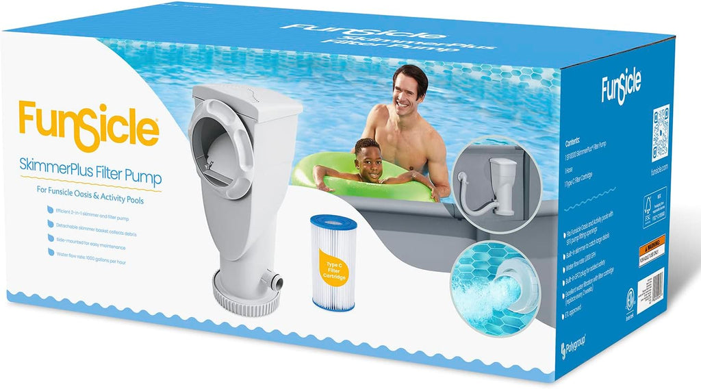 Funsicle SkimmerPlus 1500 Gallons Per Hour 2 in 1 Filter Pump and Skimmer System with Clamps and 1.5 Inch Hose Fitting for Above Ground Swimming Pools