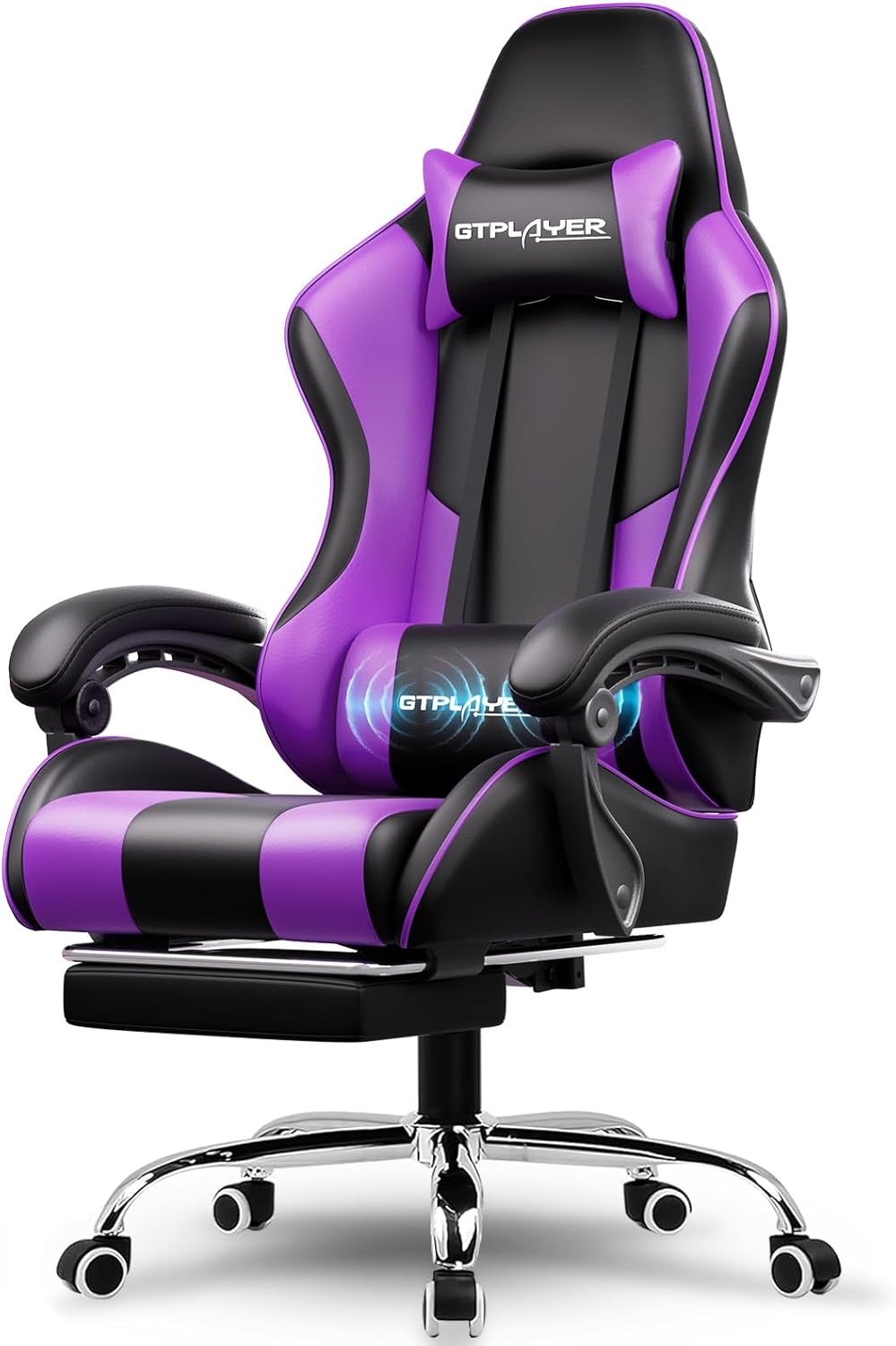 GTPLAYER Gaming Chair with Footrest and Lumbar Support Ergonomic Computer Chair with Headrest, 360掳 Swivel, Height Adjustable, White