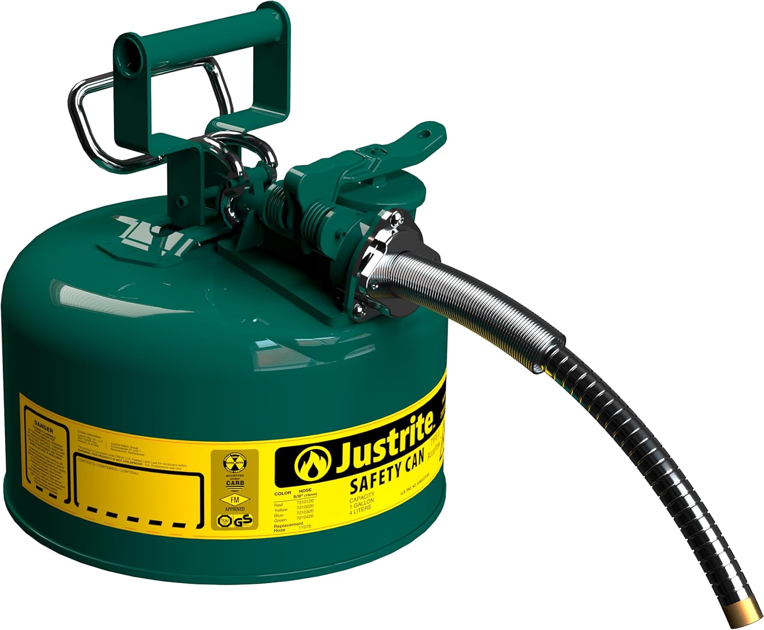 Justrite 5-Gallon Type II Red Safety Gas Can OSHA-Approved Steel Fuel Container with Flame Arrester, Self-Closing Lid & 1" Flexible Spout (7250130)