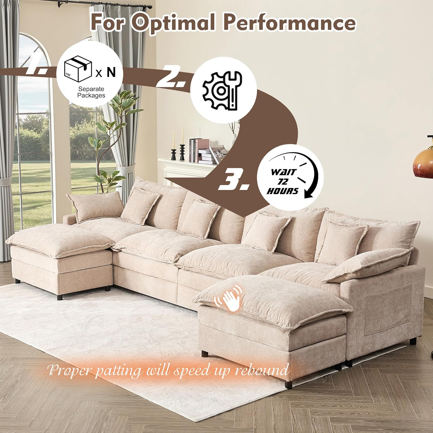108" U Shaped Couch, Modular Sectional Sofa, 3-Seater Comfy Cloud Couch with Movable Ottoman, Deep Seat Couches for Living Room, Chenille, Slate