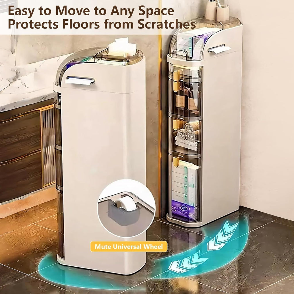 4-Tiers Narrow Bathroom Storage Cabinet 7.1 Slim Bathroom Floor Organizer with Drawers and Tissue Box Plastic Waterproof Mobile Locker