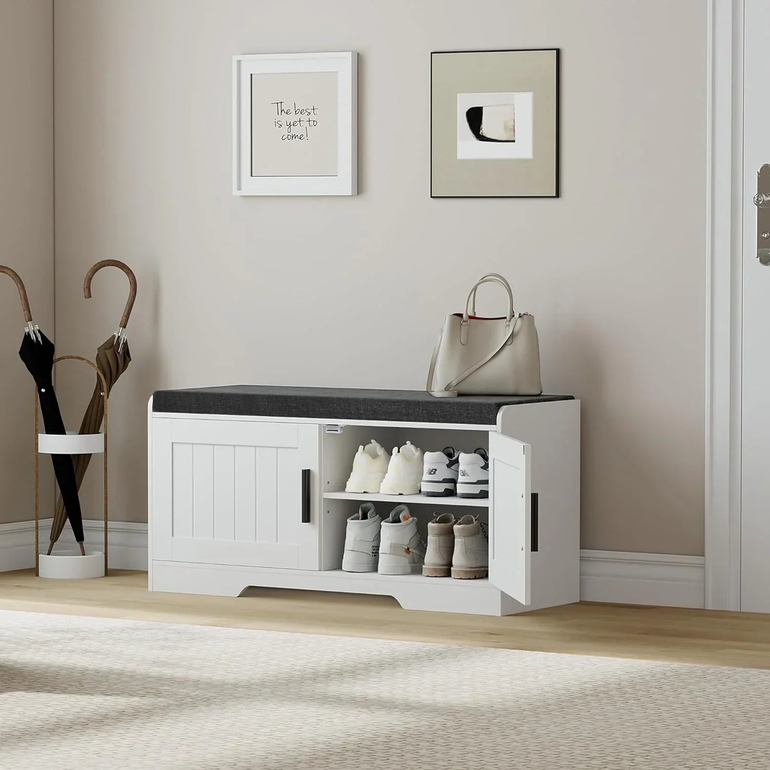 2-Tier Storage Bench Shoe Bench with Thickened Padded Seat Cushion Entryway Bench