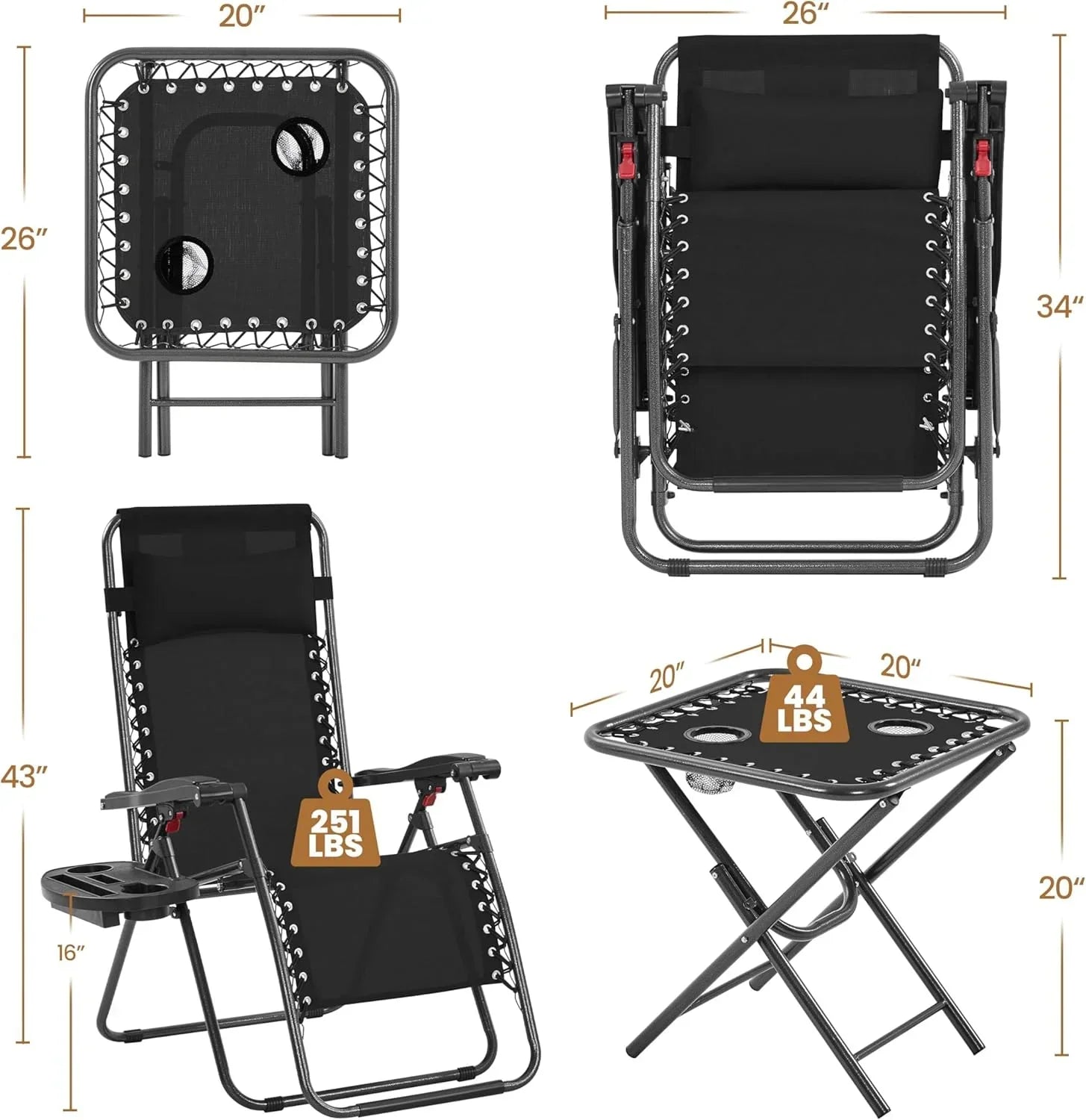 3PCS Zero Gravity Recliner Portable Outdoor Reclining Chair Set Side Table Lounge Chairs