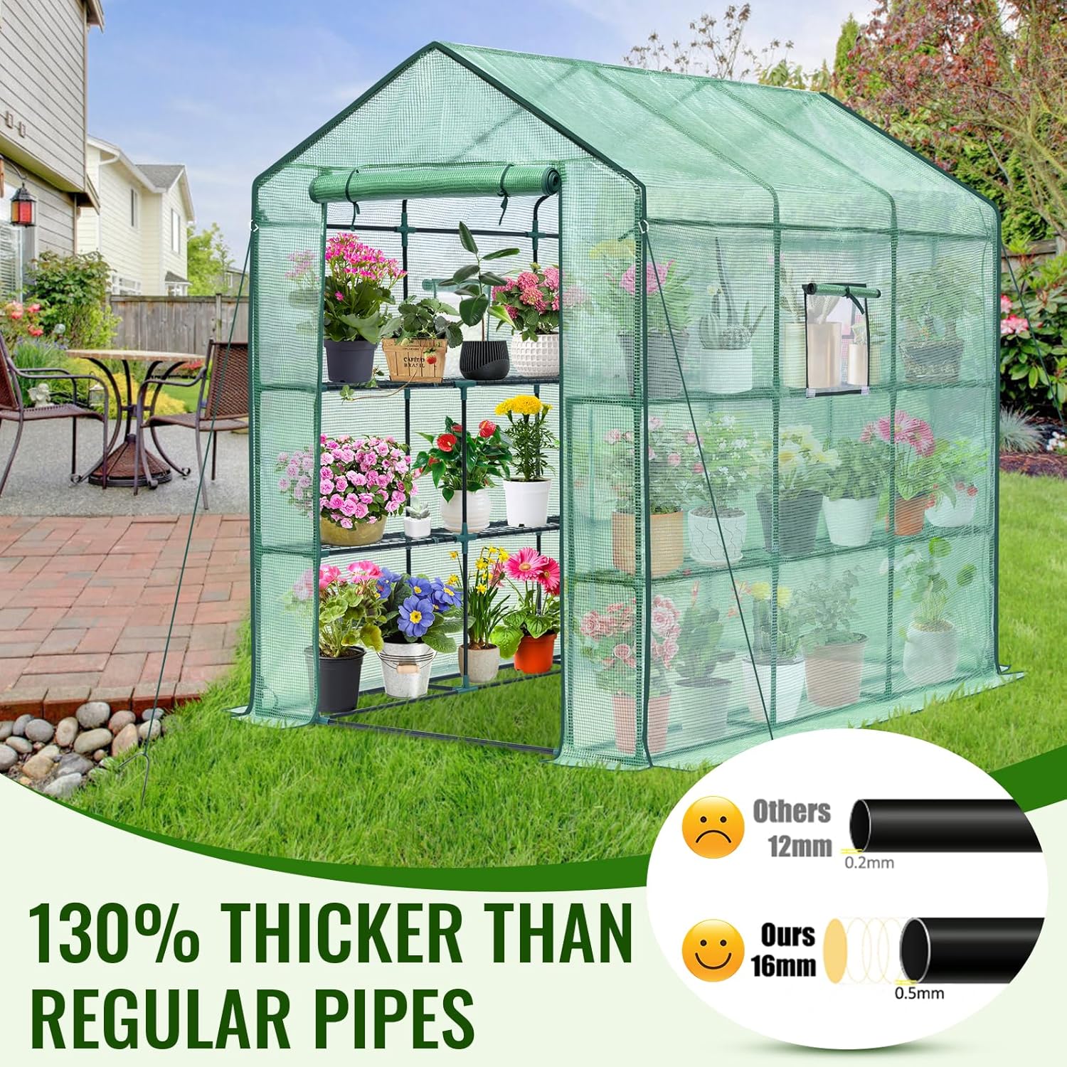 Greenhouse, 57 x 85 x 76'' Greenhouses for Outdoors, Portable Greenhouse Kit with Mesh Side Windows, PE Cover, 8 Shelves, Heavy Duty Walk in Green House for Backyard Garden Indoor Outside