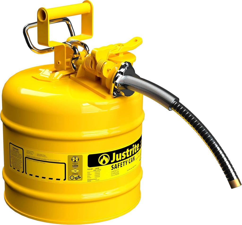 Justrite 5-Gallon Type II Red Safety Gas Can OSHA-Approved Steel Fuel Container with Flame Arrester, Self-Closing Lid & 1" Flexible Spout (7250130)