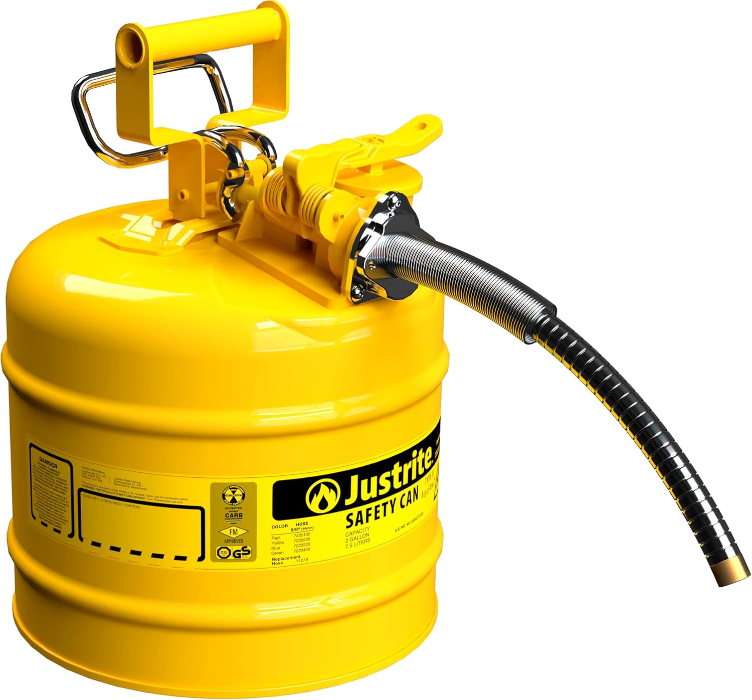 Justrite 5-Gallon Type II Red Safety Gas Can OSHA-Approved Steel Fuel Container with Flame Arrester, Self-Closing Lid & 1" Flexible Spout (7250130)