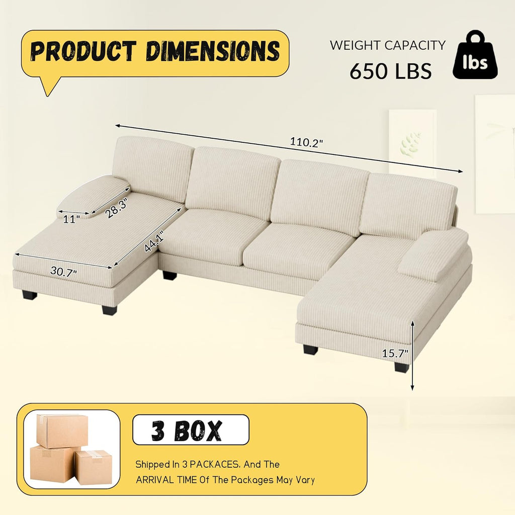 JUMMICO Sectional Couches for Living Room, U Shaped Couch with Chenille Fabric, 4 Seat Modern Sofa with Removable Pillows for Apartment and Small Space (Fabric, Grey)