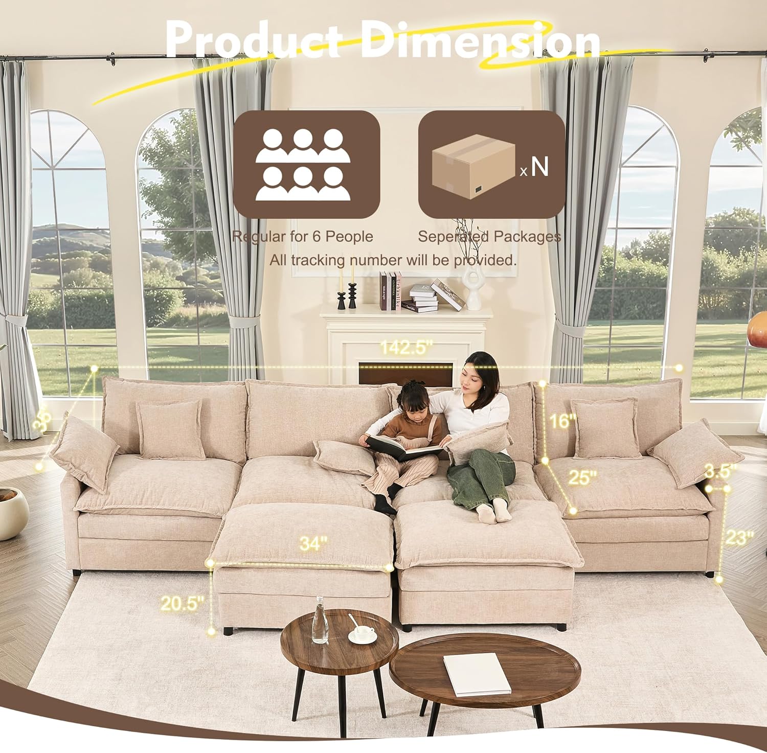 108" U Shaped Couch, Modular Sectional Sofa, 3-Seater Comfy Cloud Couch with Movable Ottoman, Deep Seat Couches for Living Room, Linen, Beige