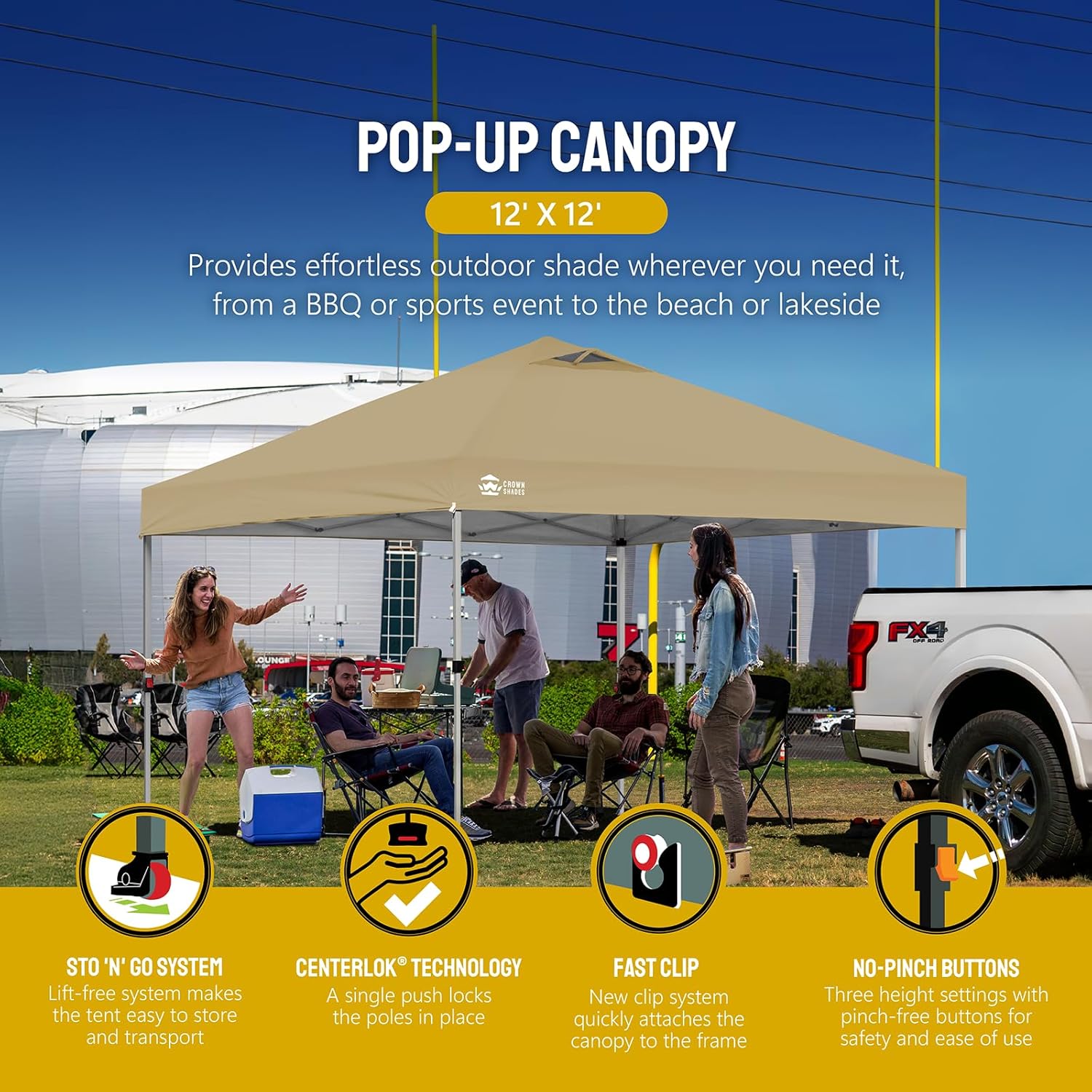 10x10 Pop-Up Awning - One-Click Installation Beach Tent - Outdoor Sunshade Silver Coated Top, 3 Heights and 4 Sand Pockets