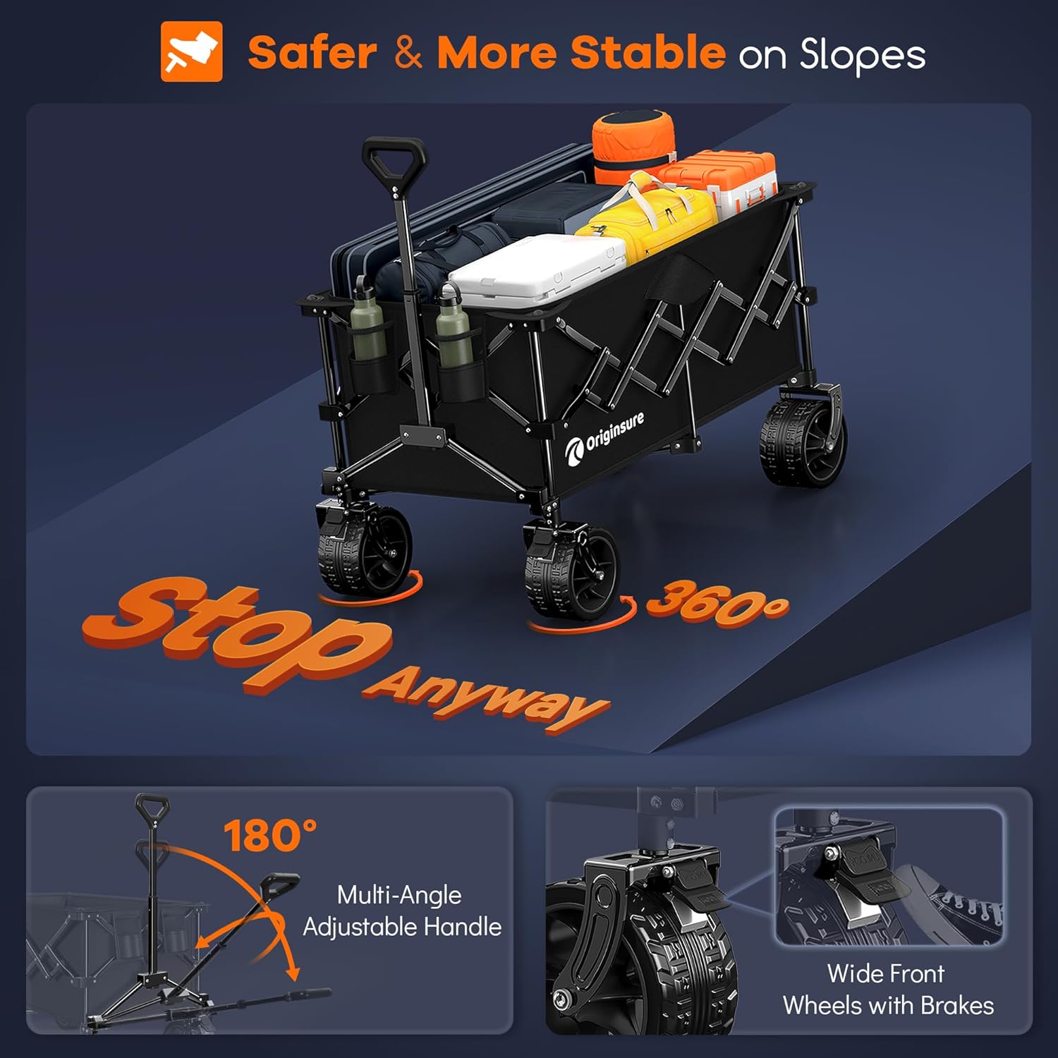 38" long foldable four-wheel stroller, foldable, 460 lb capacity, 220 liter heavy-duty folding beach stroller with large all-terrain tires